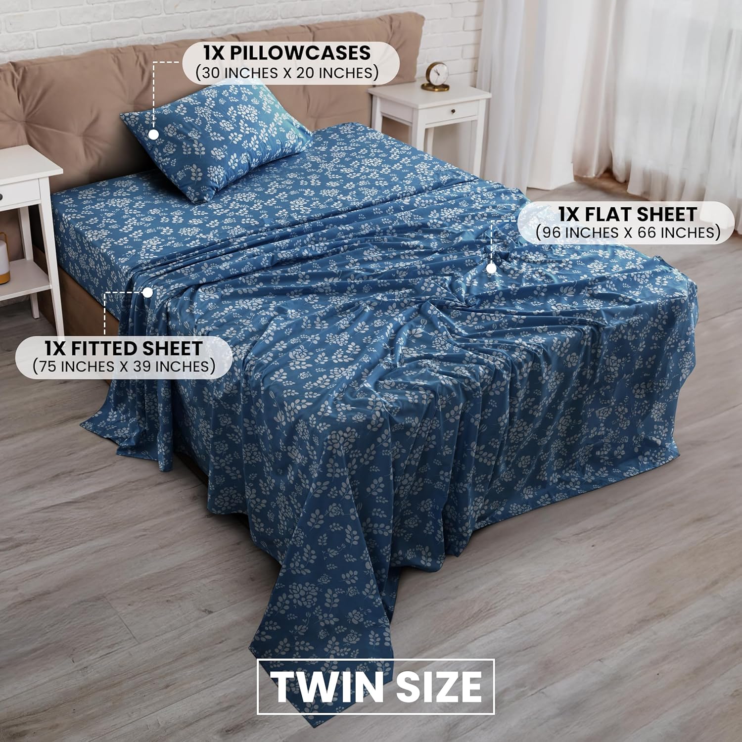 LUX Décor Floral Twin Sheet Set - 3 Piece Ultra-Soft Microfiber Bed Sheets with Flat Sheet, 16 Inches Deep Pocket Fitted Sheet & Pillowcases, Breathable, Bedroom Decor, Oeko-TEX - Navy Blue - Image 3