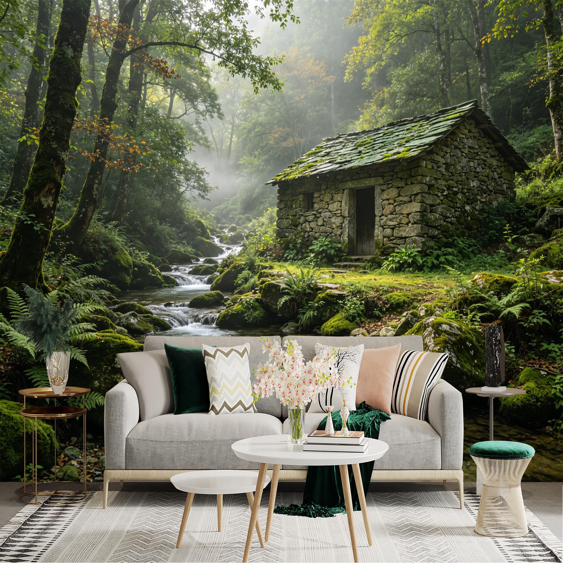 Custom Size Wall Sticker Mural， Stone Cabin by Forest Stream with Moss Rocks and Morning Mist， for wall Decoration， peelandstick wall Decals.