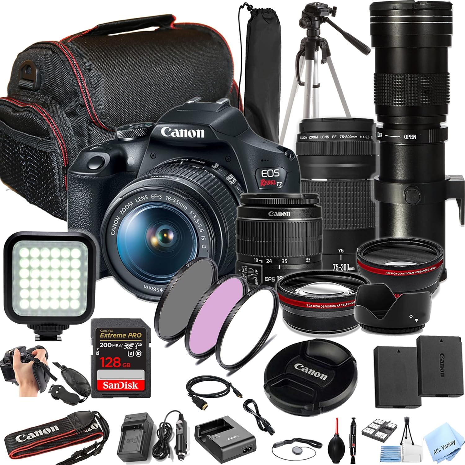 Canon EOS Rebel T7 W/18-55mm + 75-300mm Lenses + 420-800mm Lens + 128GB Extreme Speed Card, LED Video Light, Camera Case, Tripod,Spare Battery, Filter Kit, More (Essential DSLR Kit) (Renewed) Canon EOS Rebel T7 W/18-55mm + 75-300mm Lenses + 420-800mm Lens + 128GB Extreme Speed Card, LED Video Light, Camera Case, Tripod,Spare Battery, Filter Kit, More (Essential DSLR Kit) (Renewed)