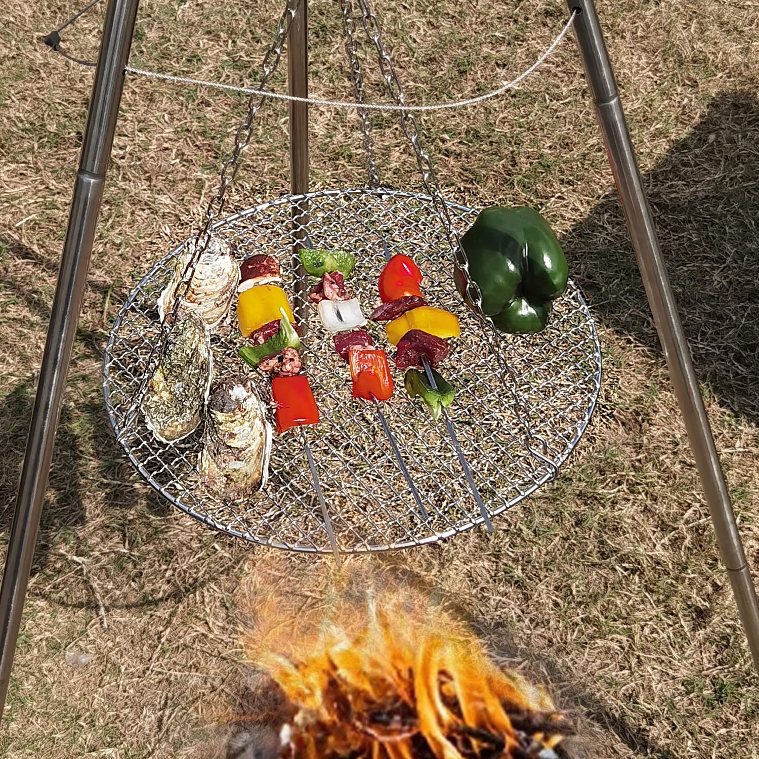YBTMG Trípode de fuego de campamento para cocinar, parrilla de fuego de acero inoxidable con cadena ajustable para camping, senderismo, barbacoa