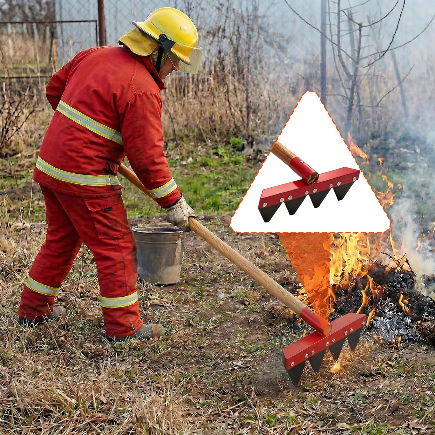 lukar 2 Pcs Fire Rake with Handle, Fire Fighting Rake, 60 x 12.2 x 3.15 Inch Fires Rake Tool, Wildland Fire Tools for Fire Fighting Building Lines Gardening Yard Soil, Red