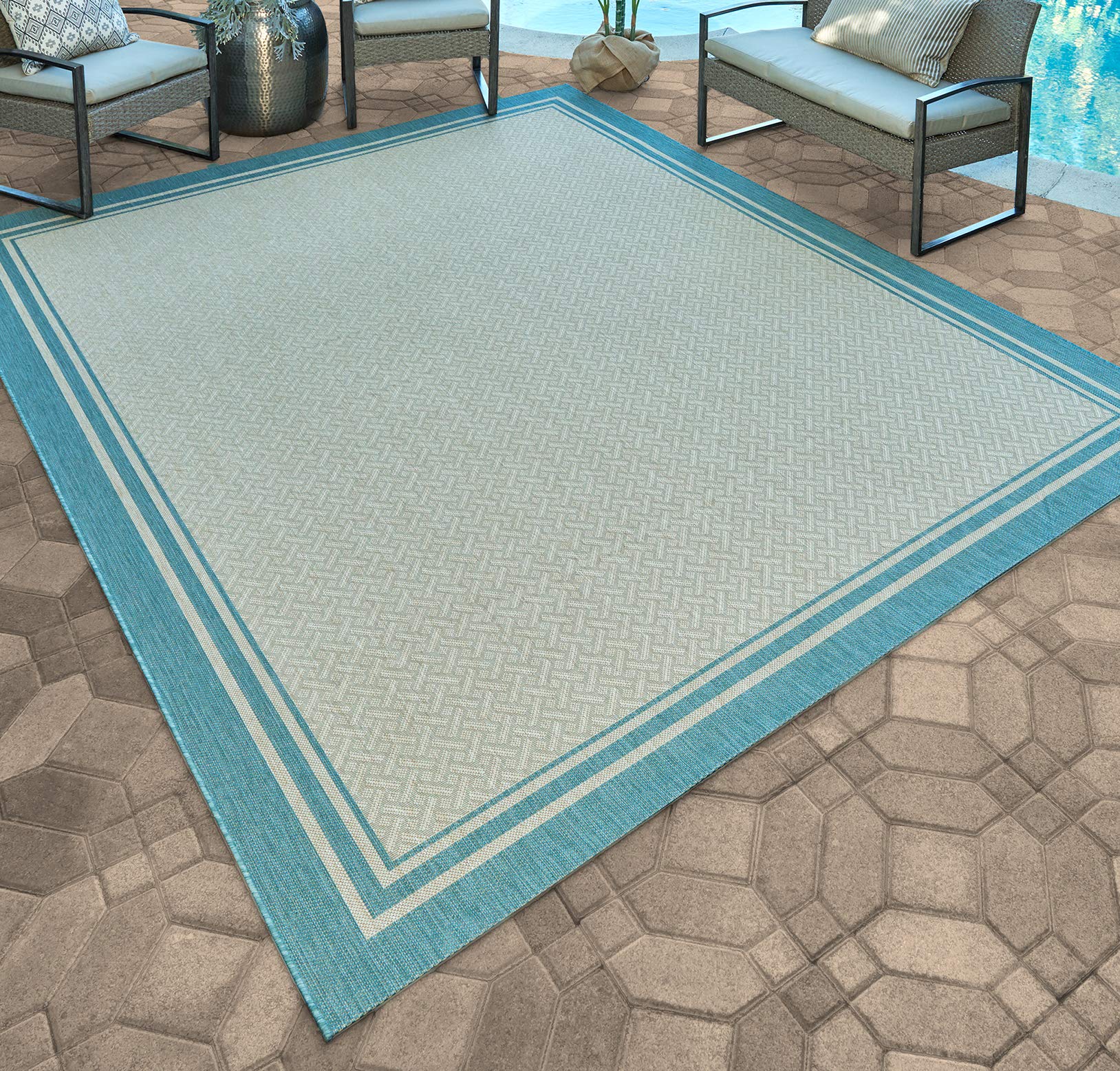 Gertmenian Indoor Outdoor Area Rug, Classic Flatweave, Washable, Stain & UV Resistant Carpet, Deck, Patio, Poolside & Mudroom, 5x7 Ft Standard, Simple Border, Aqua Blue, 21563
