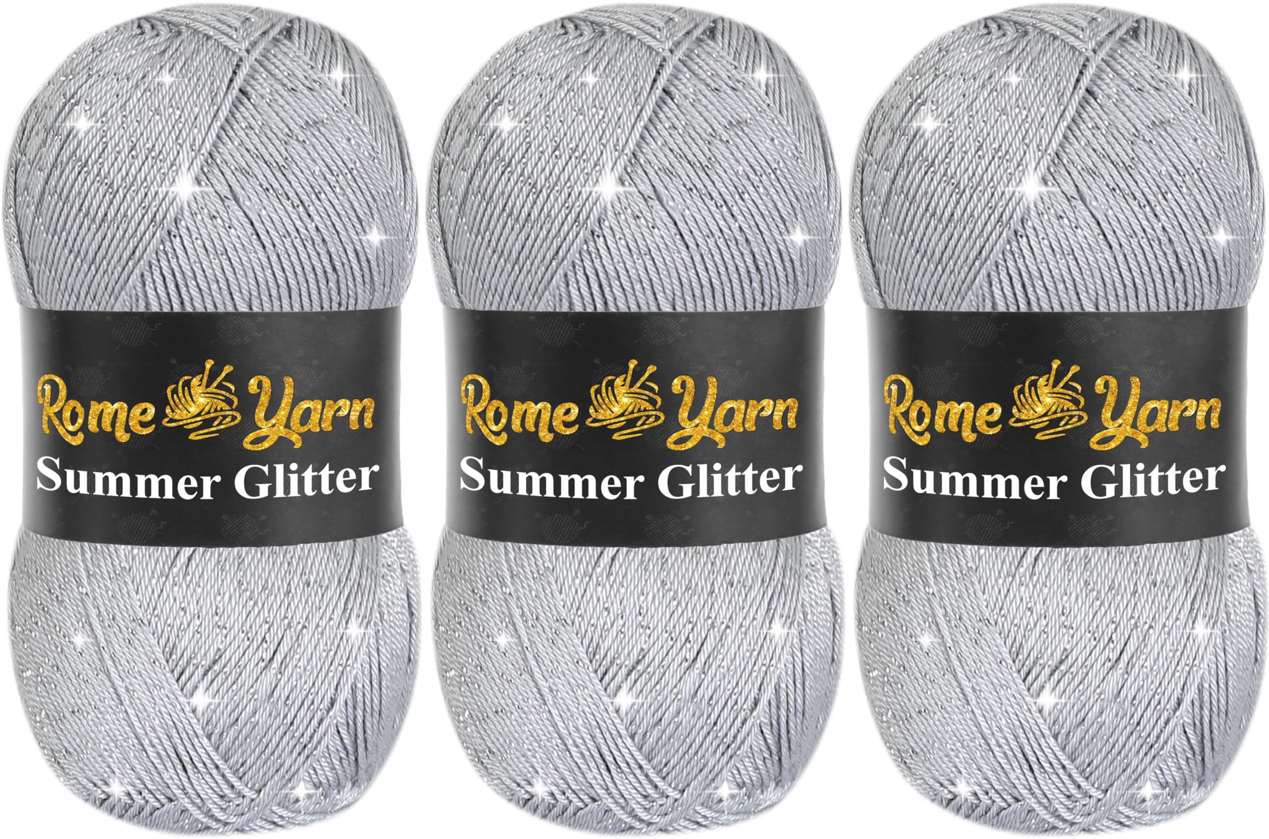 Summer Glitter Yarn 3 Pack (3 x 100g) | Metallic Sparkle Lace Yarn | Soft Anti-Pilling Acrylic Microfiber | Fine Yarn #2 | Silky Satin Texture | 340m Each for Knitting & Crochet (941 Gray) — image 1