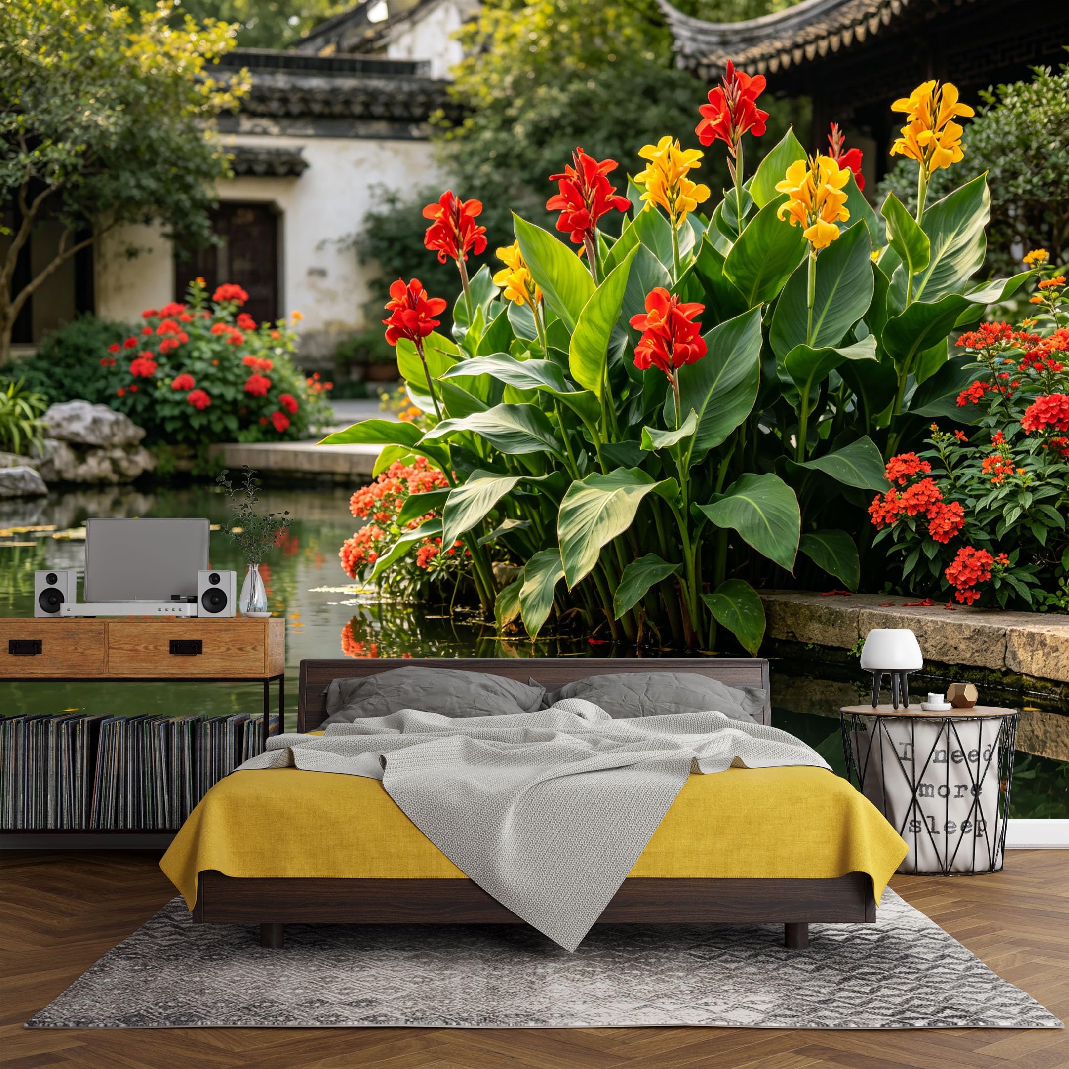 Custom Size Wall Mural， Botanical Garden Pond Lily Blossoms Tranquil Landscape，SelfAdhesive Art Prints wall Fabric (No PVC) Removable Wallpaper Living Room Decor