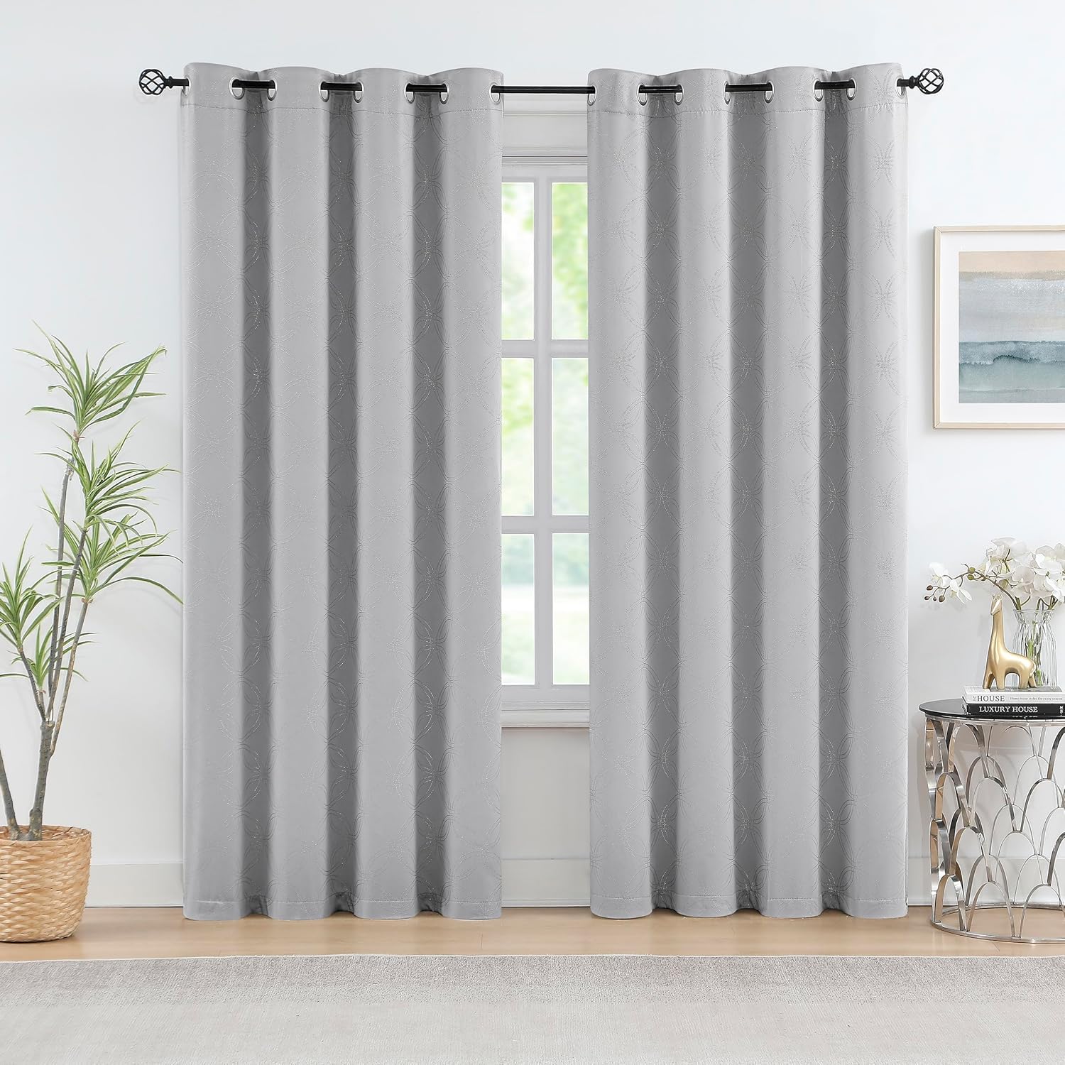 Print Bedroom Curtains 95 Inches Long 100% Blackout Window Curtain Panels Moroccan Geo Metallic Thermal Insulated Drapes Grommet Top Window Treatment Sets, 52 by 95 Inch, Grey/Silver(2 Panels)
