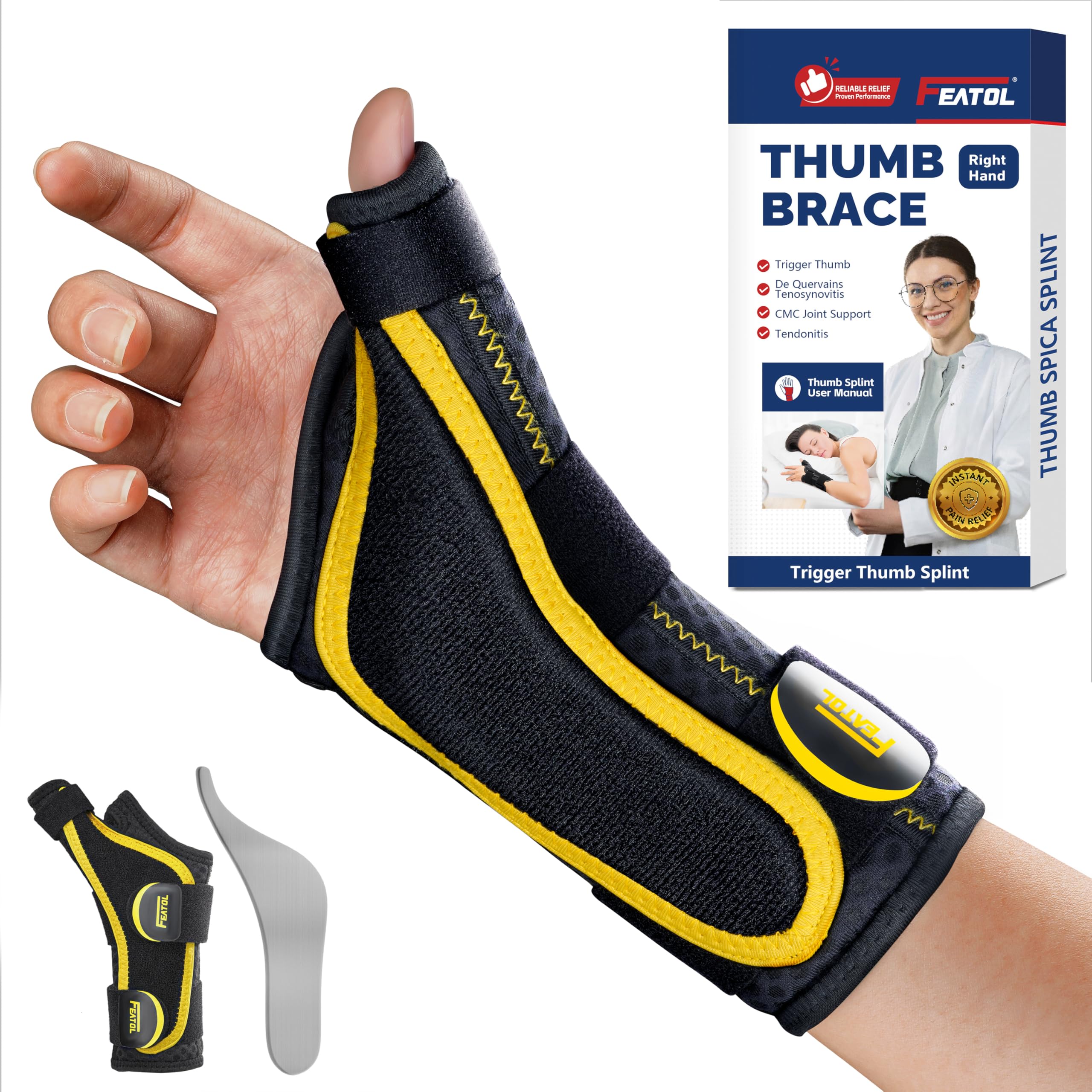FEATOL Thumb Brace Right Hand - Ergonomic Support for Trigger Thumb De Quervains Tenosynovitis Lightweight Wrist Brace for