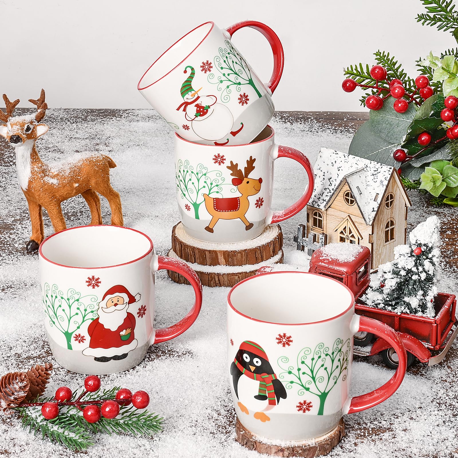 YHRJWN Lot de 4 tasses à café « Merry Christmas » avec renne, Père Noël, bonhomme de neige, pingouin, cadeaux de Noël pour la famille et les amis, 325 ml