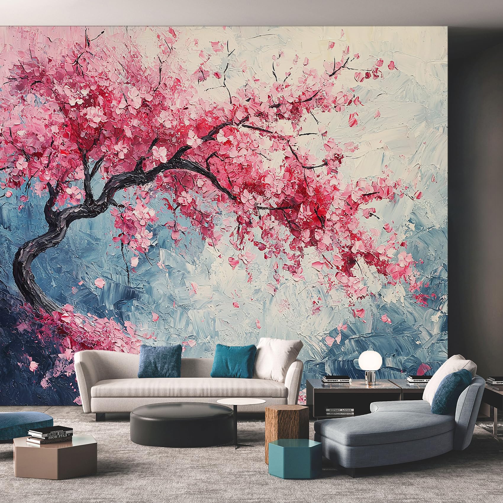 Générique Papier Peint Panoramique Fleur de Cerisier Fleuri, Papier Peint Peinture à L'huile Arbre Floral, Fresque Murale, Decoration Chambre Salon, 300 x 210 cm