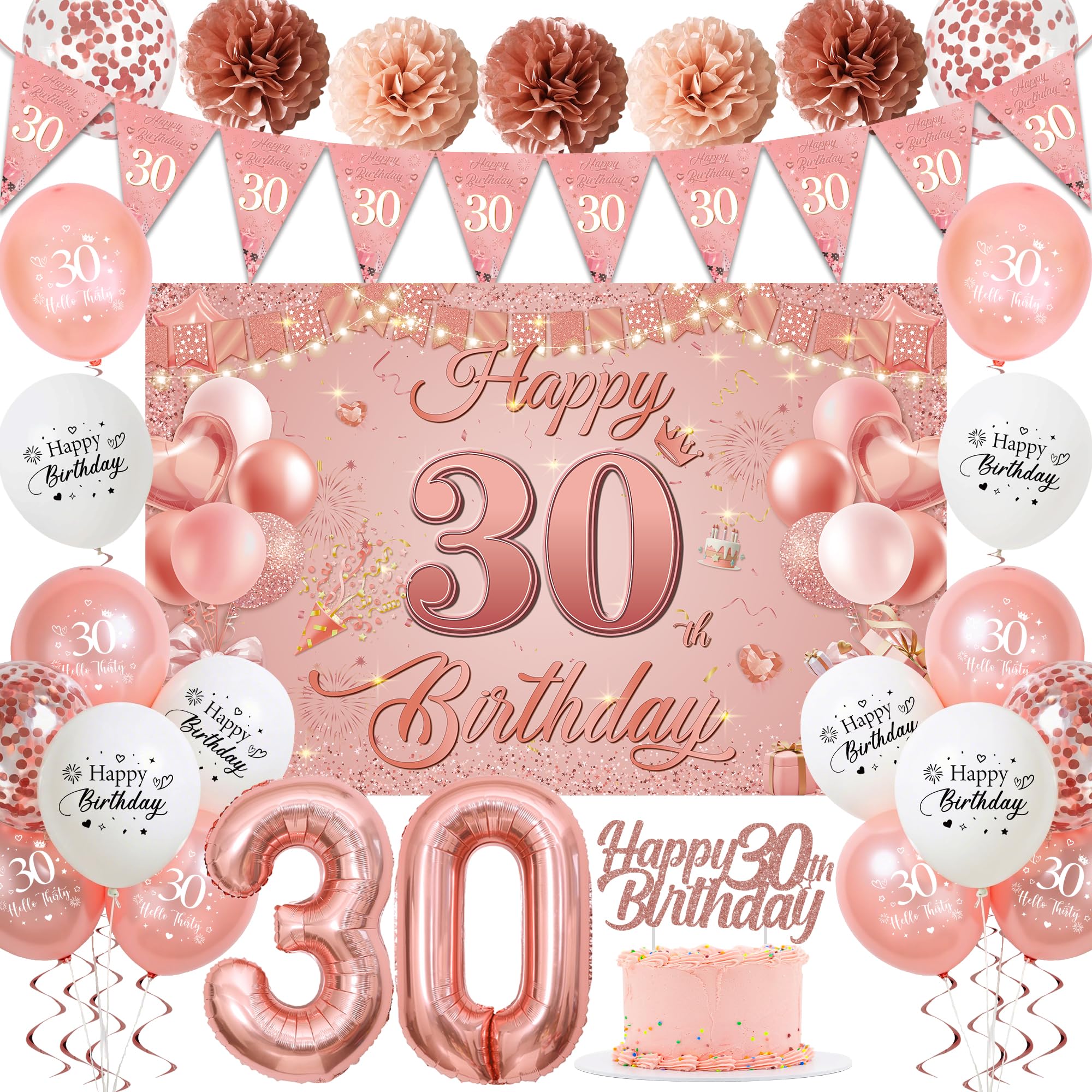 Sroeeshee 30th Birthday Decorations for Women - Pink Rose Gold 44Pcs 30th Bday Balloon Backdrop Set with Pennant Banner Number 30 Balloons, Photo Backdrop Pom Poms Cake Topper for 30 Year Old Party