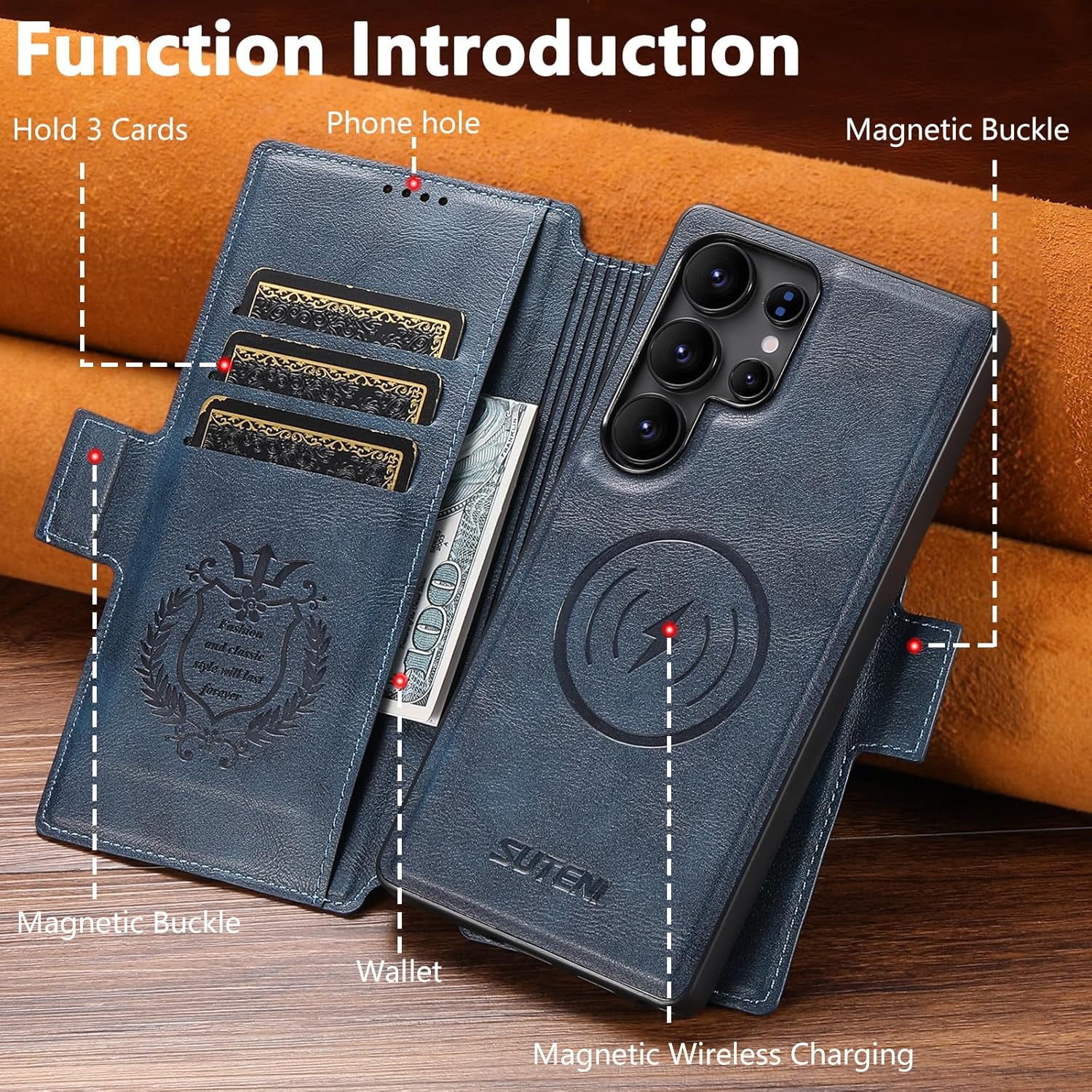 SINIANL for Samsung Galaxy S25 Ultra Leather Wallet Case Compatible with MagSafe Wireless Charging, Detachable Leather Cover with Card Slots Holder, Kickstand, Magnetic for Galaxy S25 Ultra Blue