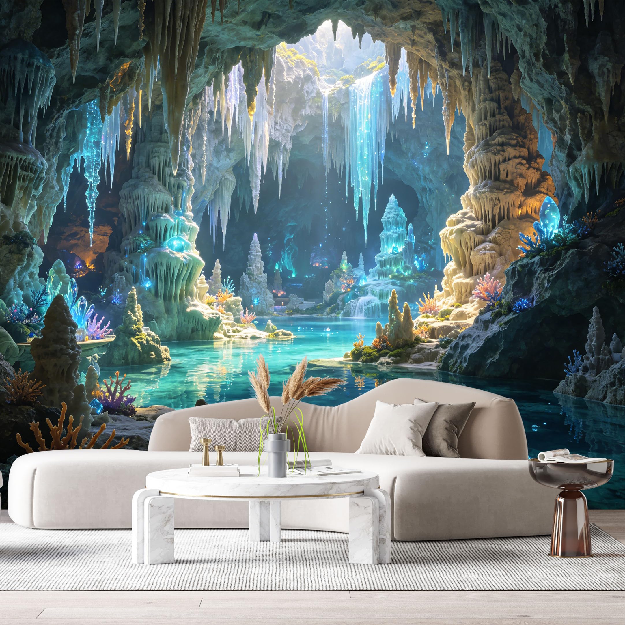 Custom Size Wall Murals Subterranean Cave Waterfall Crystal Formation 3D Trompe L'Oeil SelfAdhesive Wall Fabric Removable Large Wallpaper for Photo Living Room