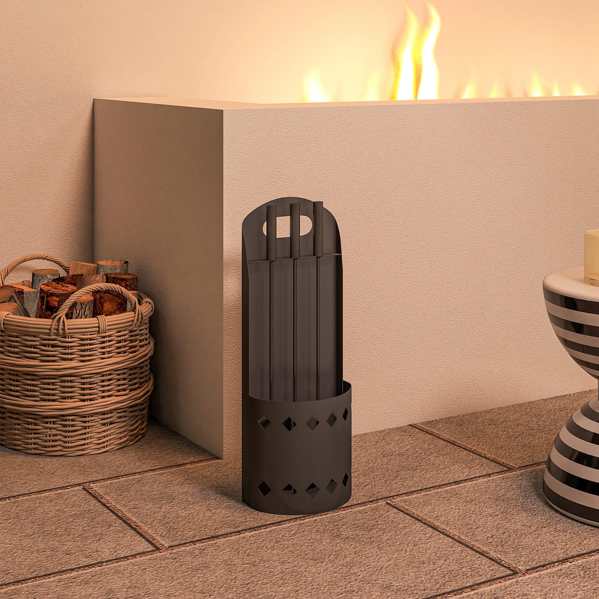 Outsunny Juego de 4 accesorios de chimenea de metal, juego de accesorios para chimenea con escoba, pala, póquer, cubo, color negro