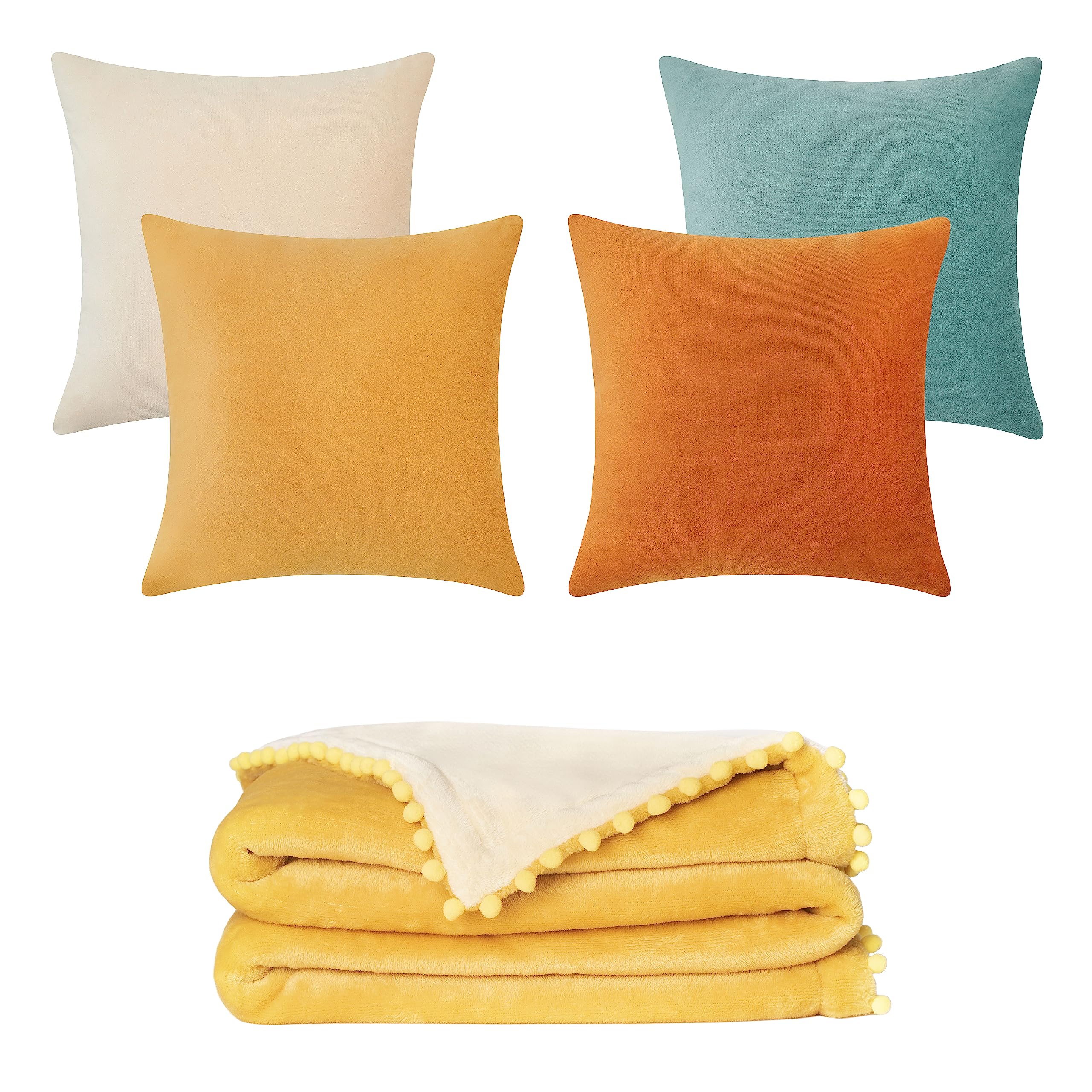 MONDAY MOOSE 18x18 inch Solid Decorative Throw Pillow Covers and 50x60 inch Fleece Throw Blanket, Mix and Match for Home Decor (Orange/Teal, Yellow/Beige)