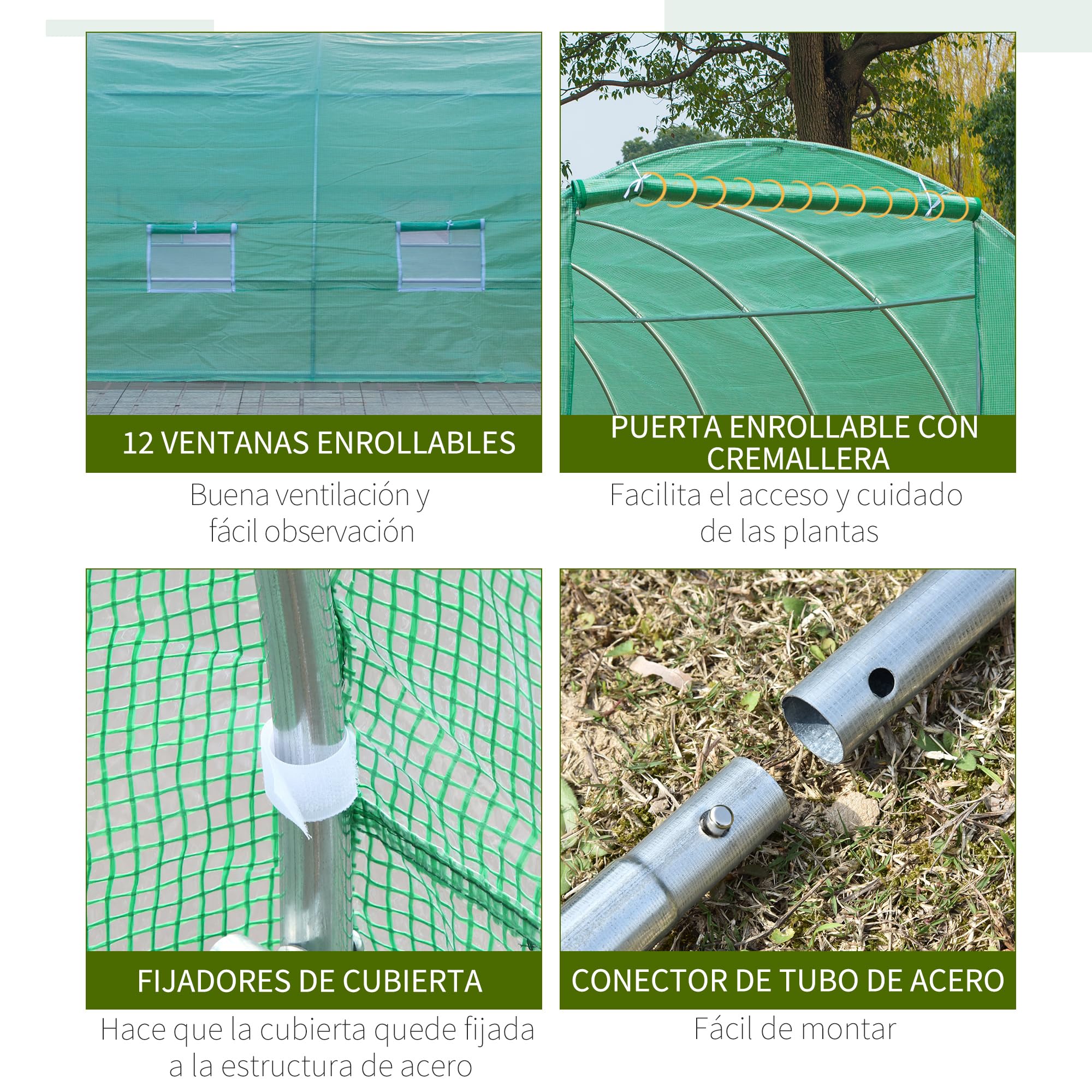 Outsunny Invernadero de Túnel 800x300x200 cm con 12 Ventanas y Puerta Enrollable Cubierta PE 140 g/m² y Acero para Cultivo de Plantas Verduras Verde