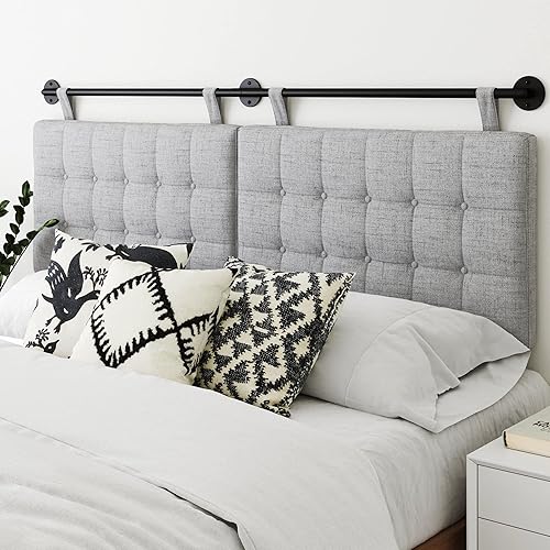 Miniatura 6 de Nathan James Harlow - Cabecera colgante moderna de pared, tamaño King, gris con correas de piel sintética marrón Gris con correas de piel sintética