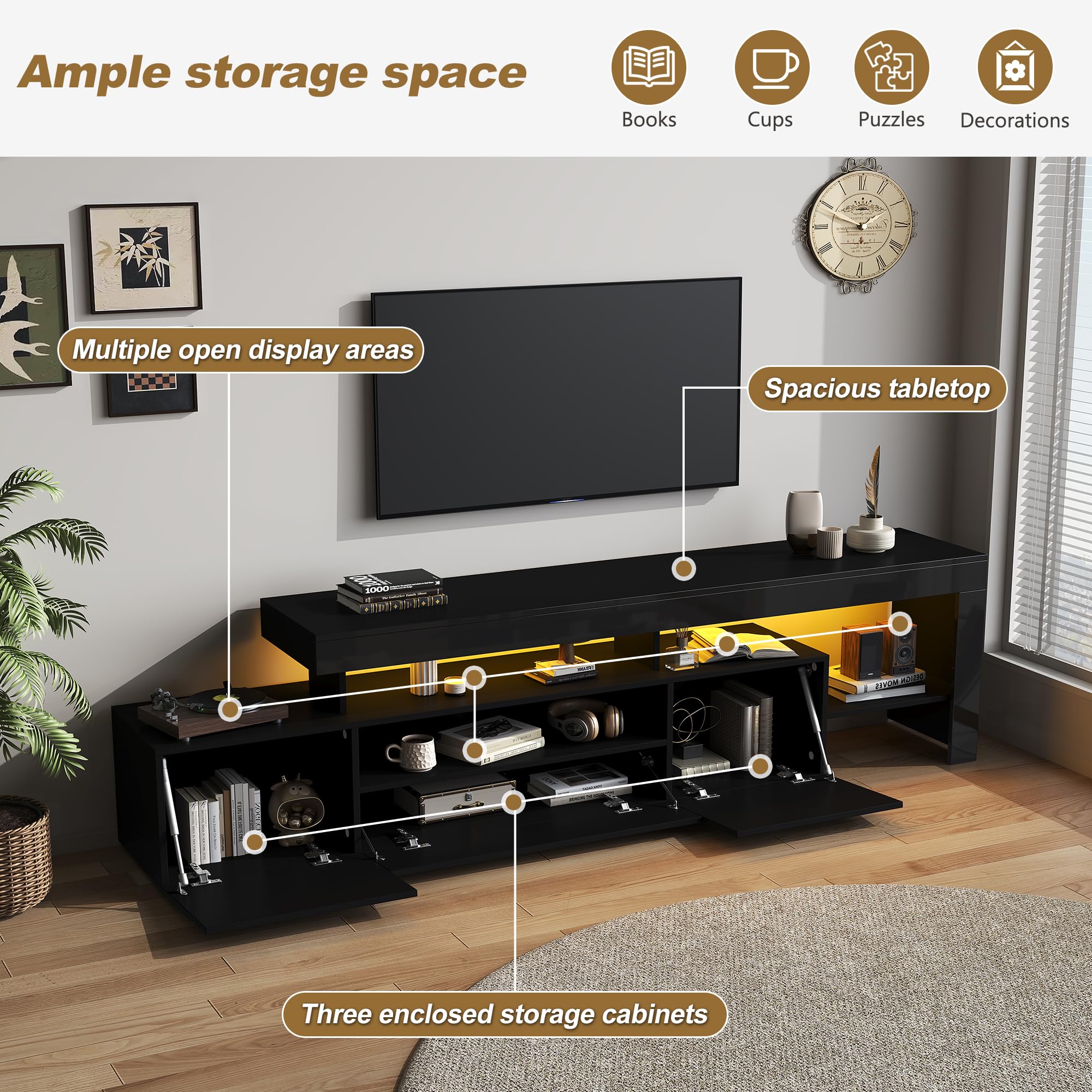192 x 37 x 53 cm, mobile TV con 3 armadi, supporto e mobile TV, mobile basso lucido e tavolino TV, mobile TV e cassettiera, adatto per televisori da 85 pollici, nero