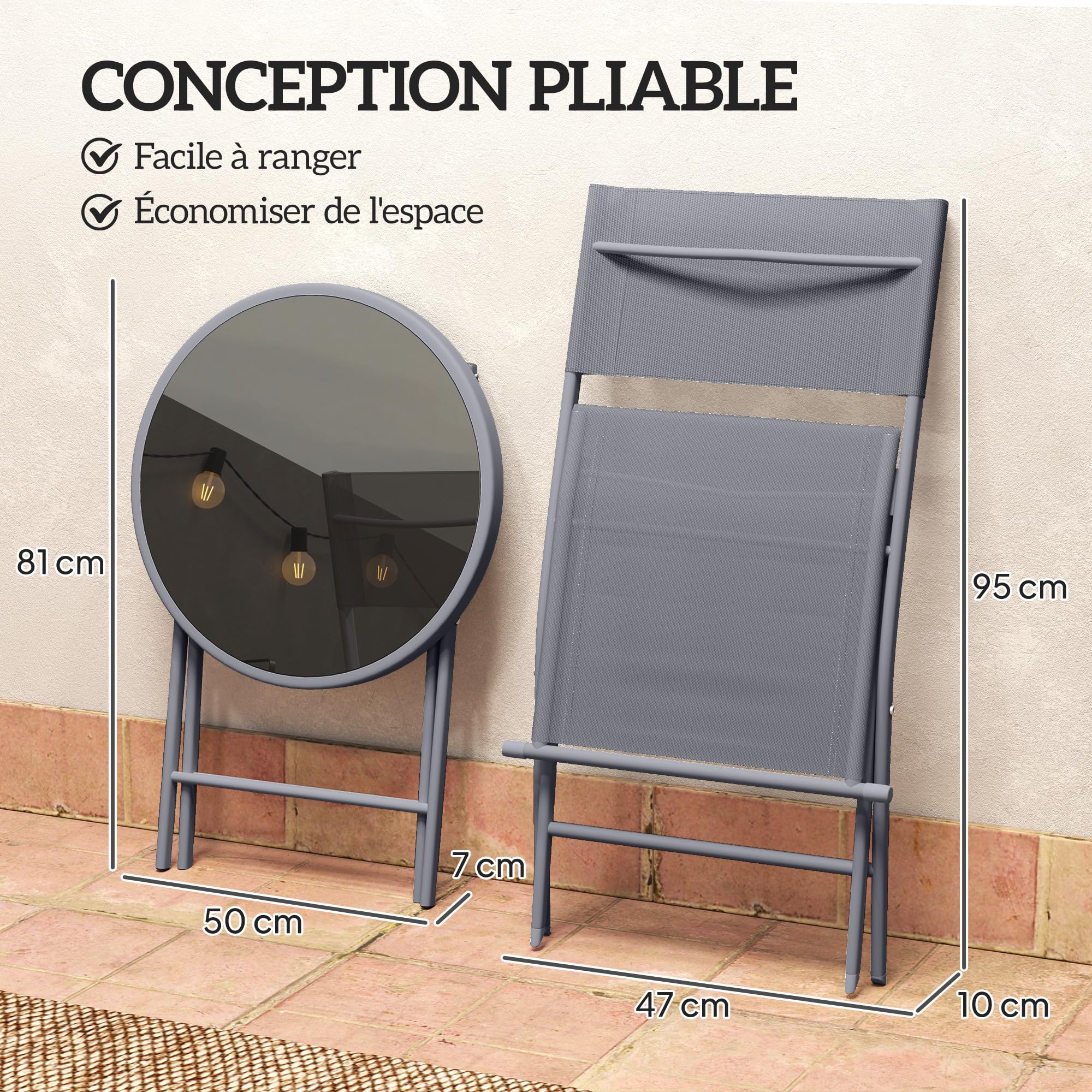 Outsunny Ensemble de bistrot 3 pièces Pliable en métal, 2 chaises et 1 Table Ronde, Salon de Jardin extérieur 2 Personnes, Table de Jardin extérieur avec chaises pour Jardin, terrasse, Balcon, Gris