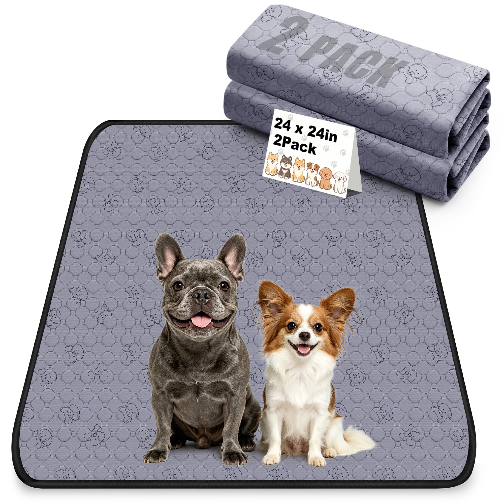 Zlune 2 Pack Washable Pee Pads for Dogs, Reusable Training Puppy pads Absorbency Non-Slip & Leak-Proof for Pet Whelping Box Playpen Crate Sofa Bed Floors ( 60cm ร 60cm ,Gray)