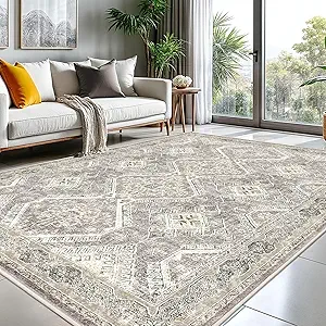 KUTA Ivory Grey Yellow Area Rugs for Living Room 8x10, Washable Large Rug for Bedroom 8ft x 10ft, Non-Slip Ultra Soft Printed Boho Oriental Distressed Dining Room Low-Pile Cozy Carpet