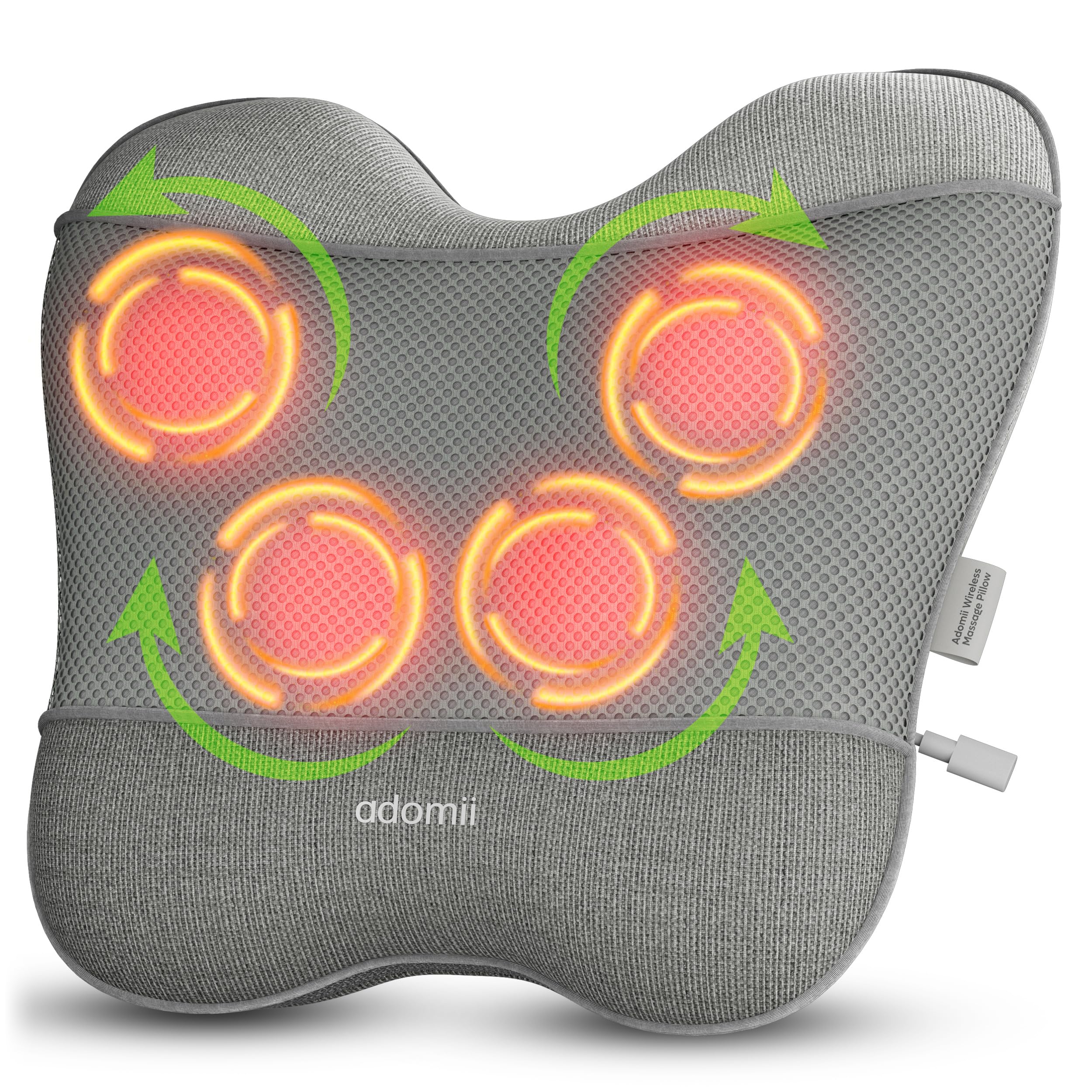 adomii Electric Shiatsu Neck and Back Massager for Pain Relief - Deep Tissue 4D Kneading Massage Pillow for Chairs - Cordless Shoulder & Neck Massager