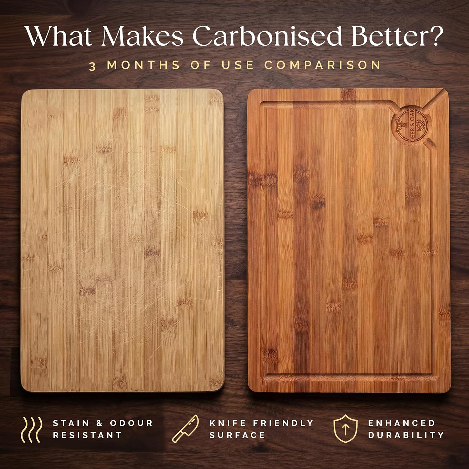 Deer & Oak X-Large Carbonized Cutting Board 17.3" x 11.8" x 0.8", Pre-Oiled Bamboo Wooden Cutting Board for Carving Meat, Fish, Vegetables, Fruits, Cheese, and Bread
