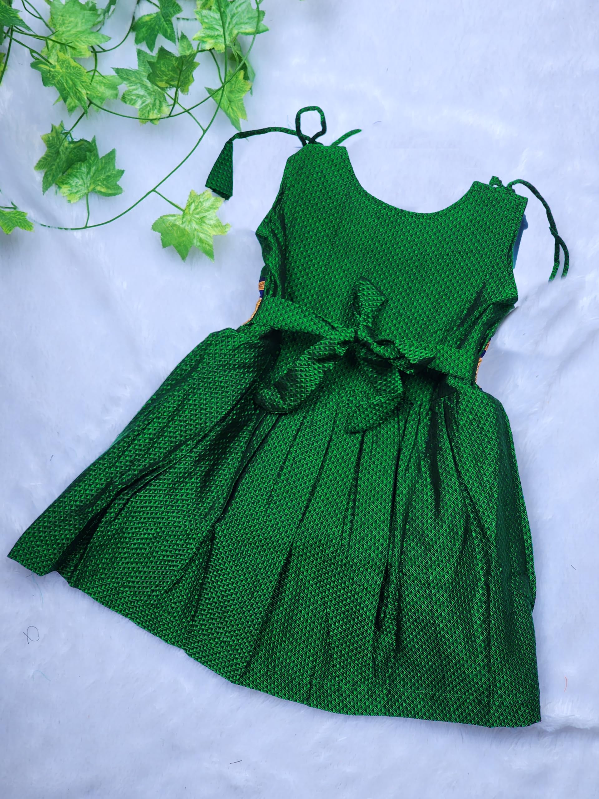 Amba Collection Boutique's Girl's Traditional Ethnic Wear Reshim Cotton Khan Knot Frock (Green, 3-6 Months) 3