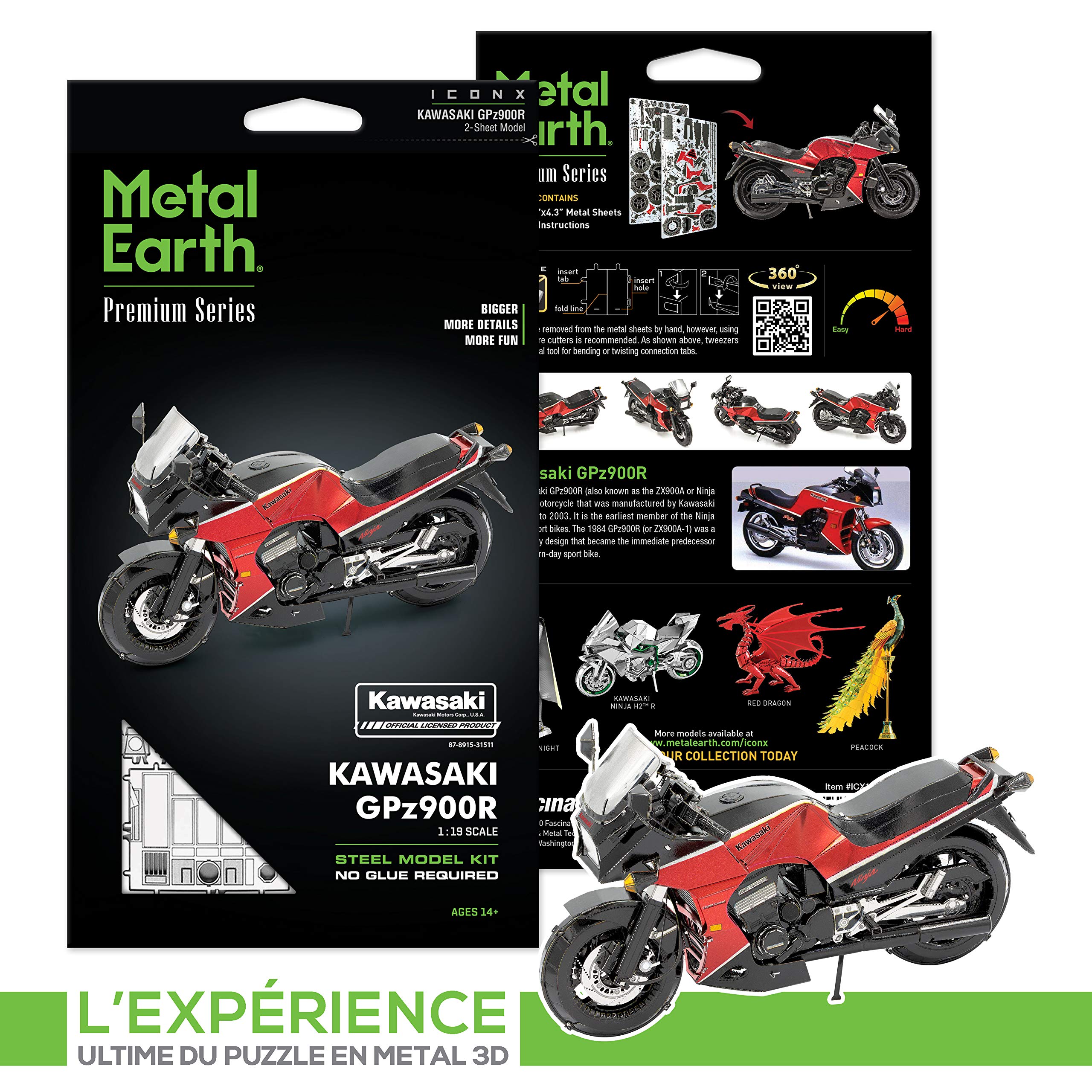 Metal Earth Fascinations Metallbausätze - Motorrad Kawasaki GPZ900R, lasergeschnittener 3D-Konstruktionsbausatz, 3D Metall Puzzle, DIY Modellbausatz mit 2 Metallplatinen, ab 14 Jahre