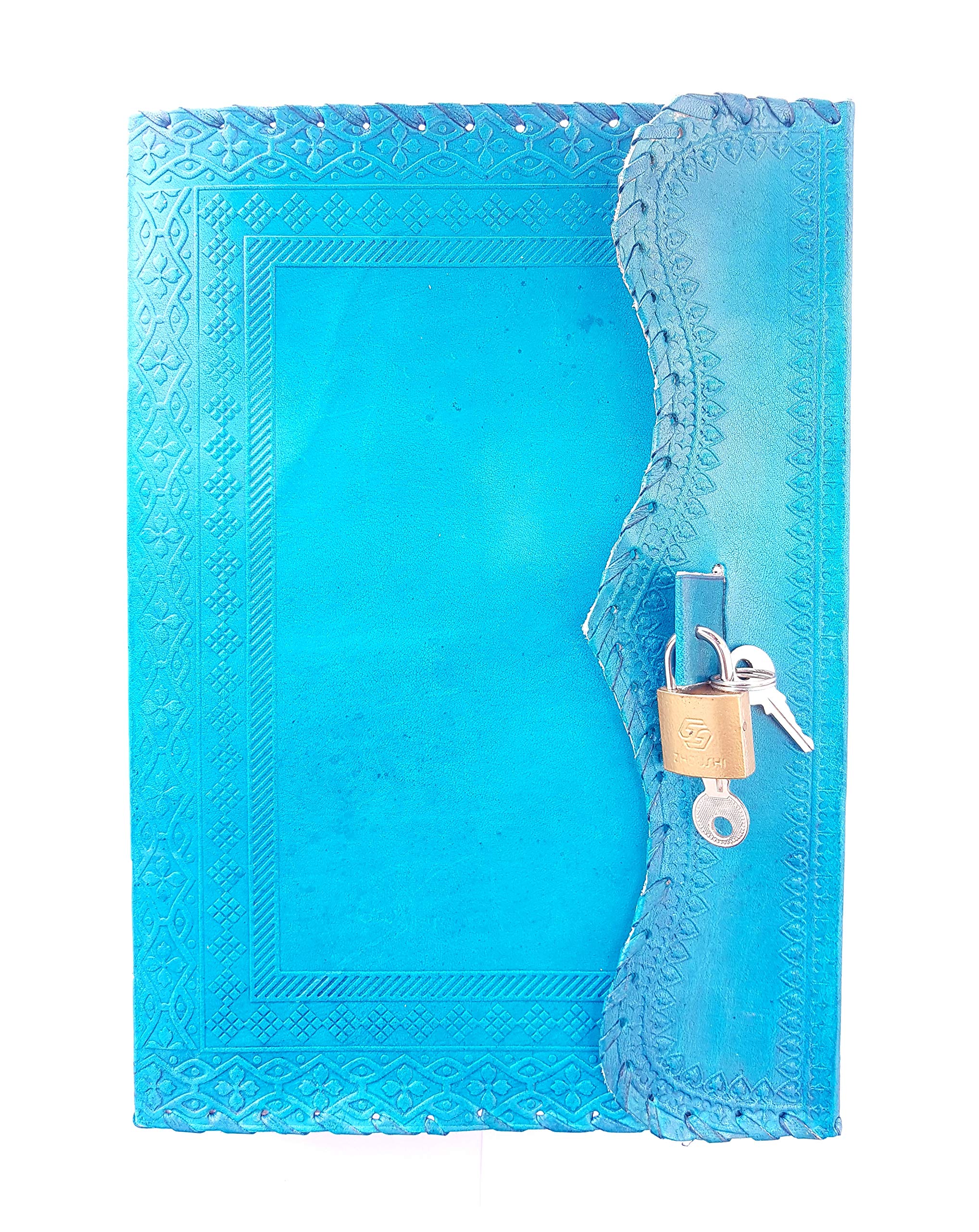 10" Leather Journal with lock Writing Pad Blank Notebook Handmade Notepad Men & Women Unlined Paper Best Present Art Sketchbook Travel Diary To Write Book Of Shadow Refillable Grimoire Turquoise