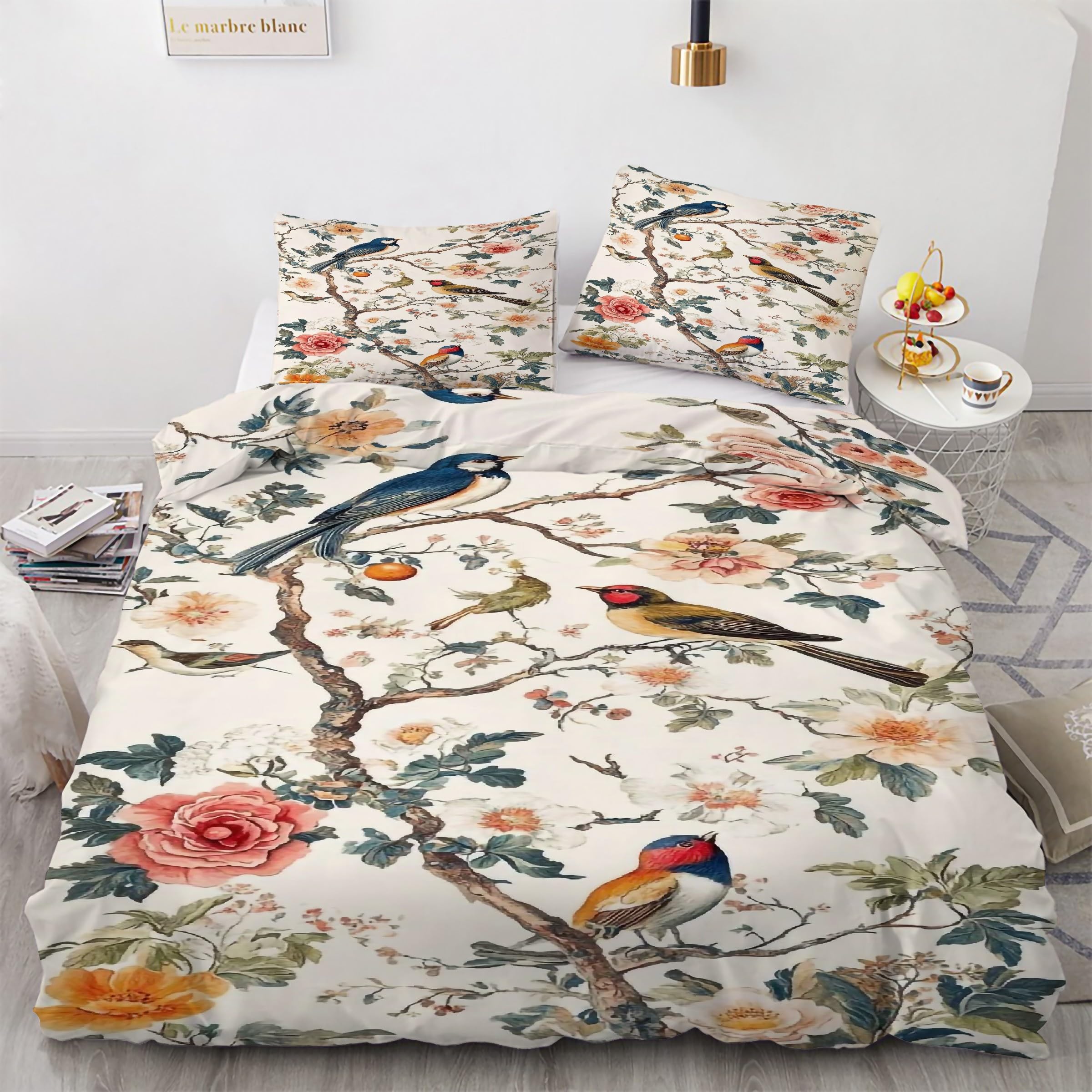 Parure de lit fleurs et oiseaux pour chambre style campagne avec housse de couette 160x200