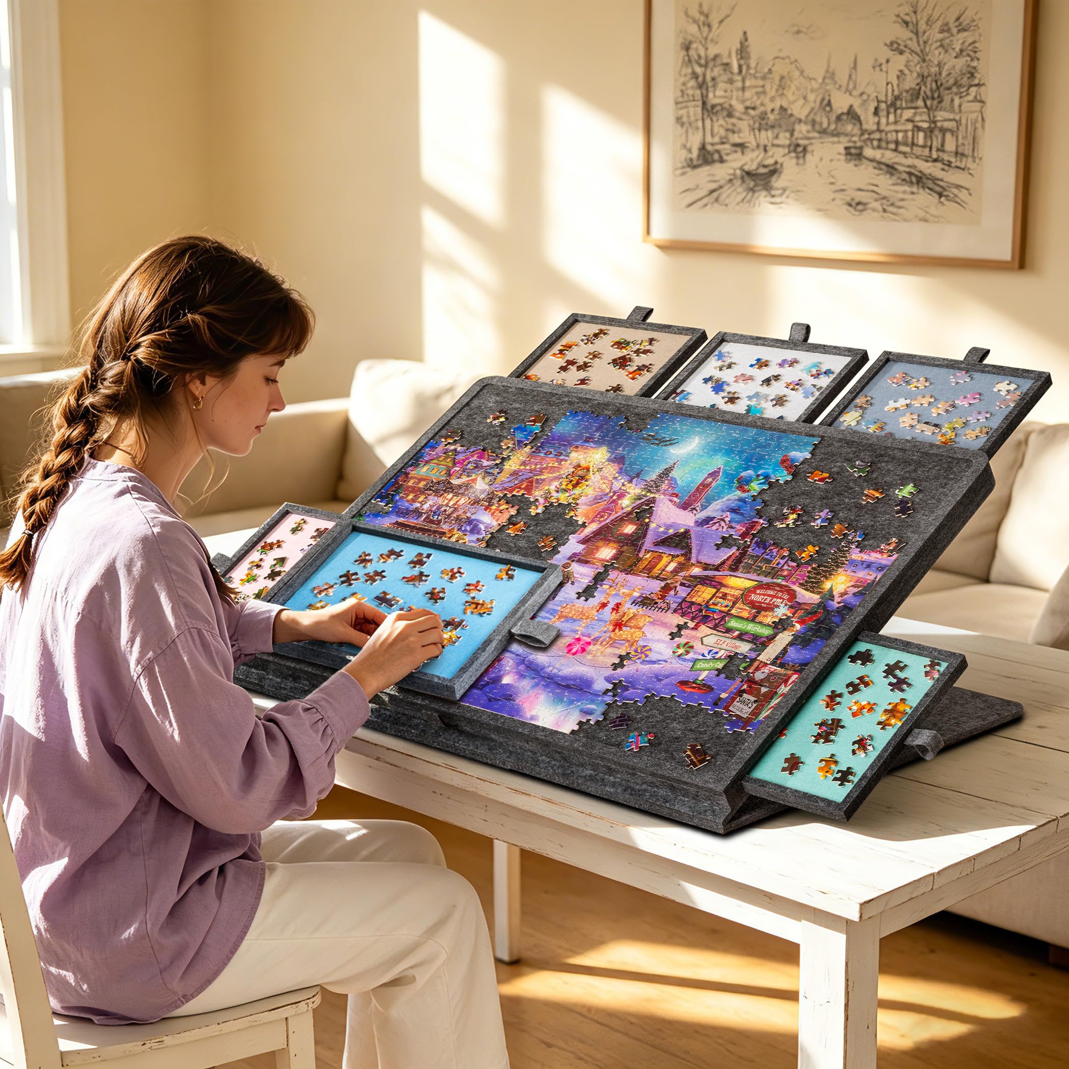 Planche de puzzle inclinable de 1000 pièces avec support et housse 2 en 1, table de puzzle à 3 angles réglables avec 6 tiroirs colorés, planches de jeu légères pour adultes