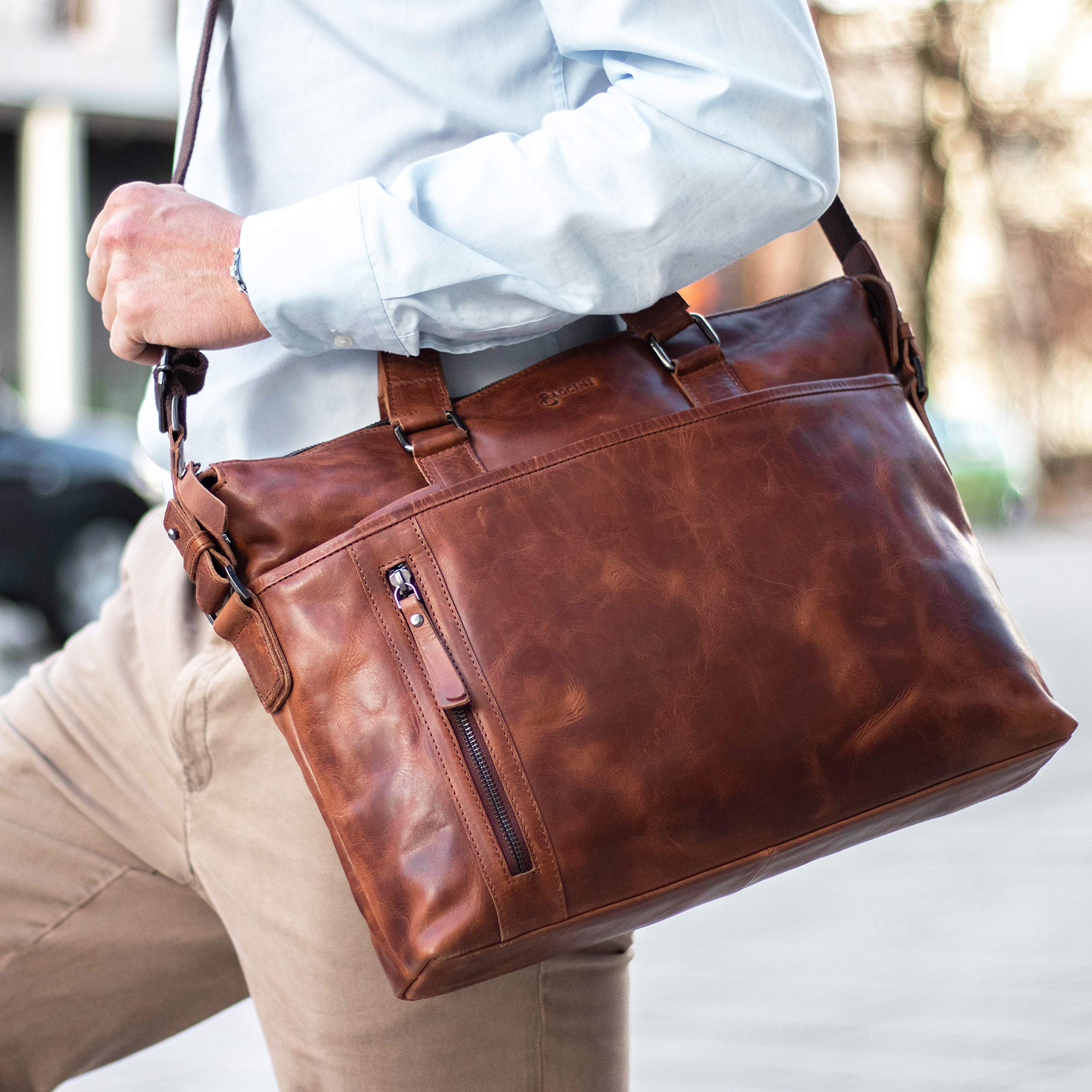 BACCINI Sac bandoulière Ordinateur Leandro | Compartiment 15" Laptop Cuir véritable | Sacoche Porte-Document en bandoulière Grand Homme Marron | Sac Messager école Etudiante Travail Fait à la Main