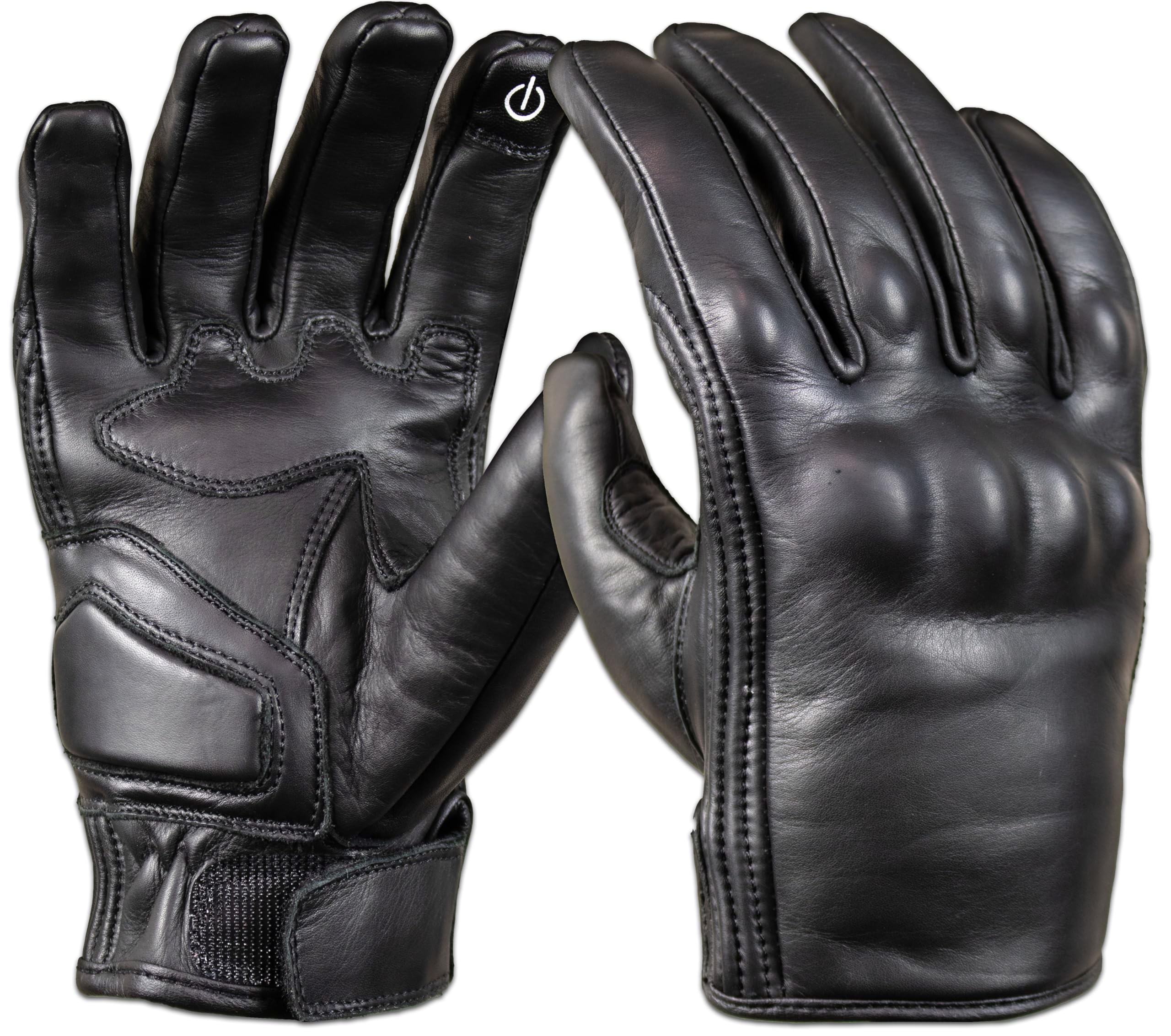 MDM Motorradhandschuhe Herren Leder, Retro Biker Handschuhe Chopper Leder mit Touchscreen, Kurze Motorrad Handschuhe, Schwarze Lederhandschuhe für Sommer & Übergang