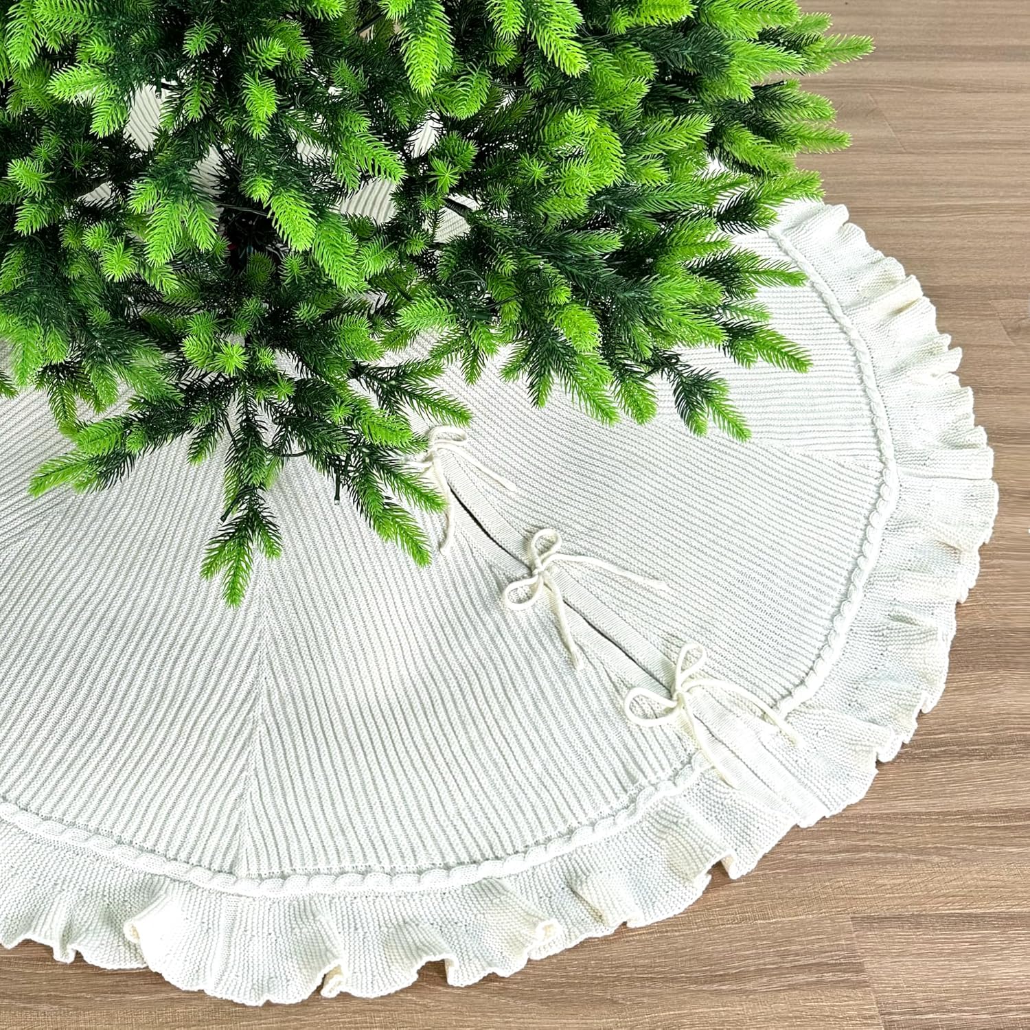 48-Inch Ruffled Sweater Knit Christmas Tree Skirt with Lace Ties, Cream White