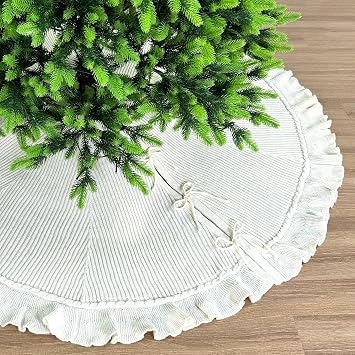 48-Inch Ruffled Sweater Knit Christmas Tree Skirt with Lace Ties, Cream White