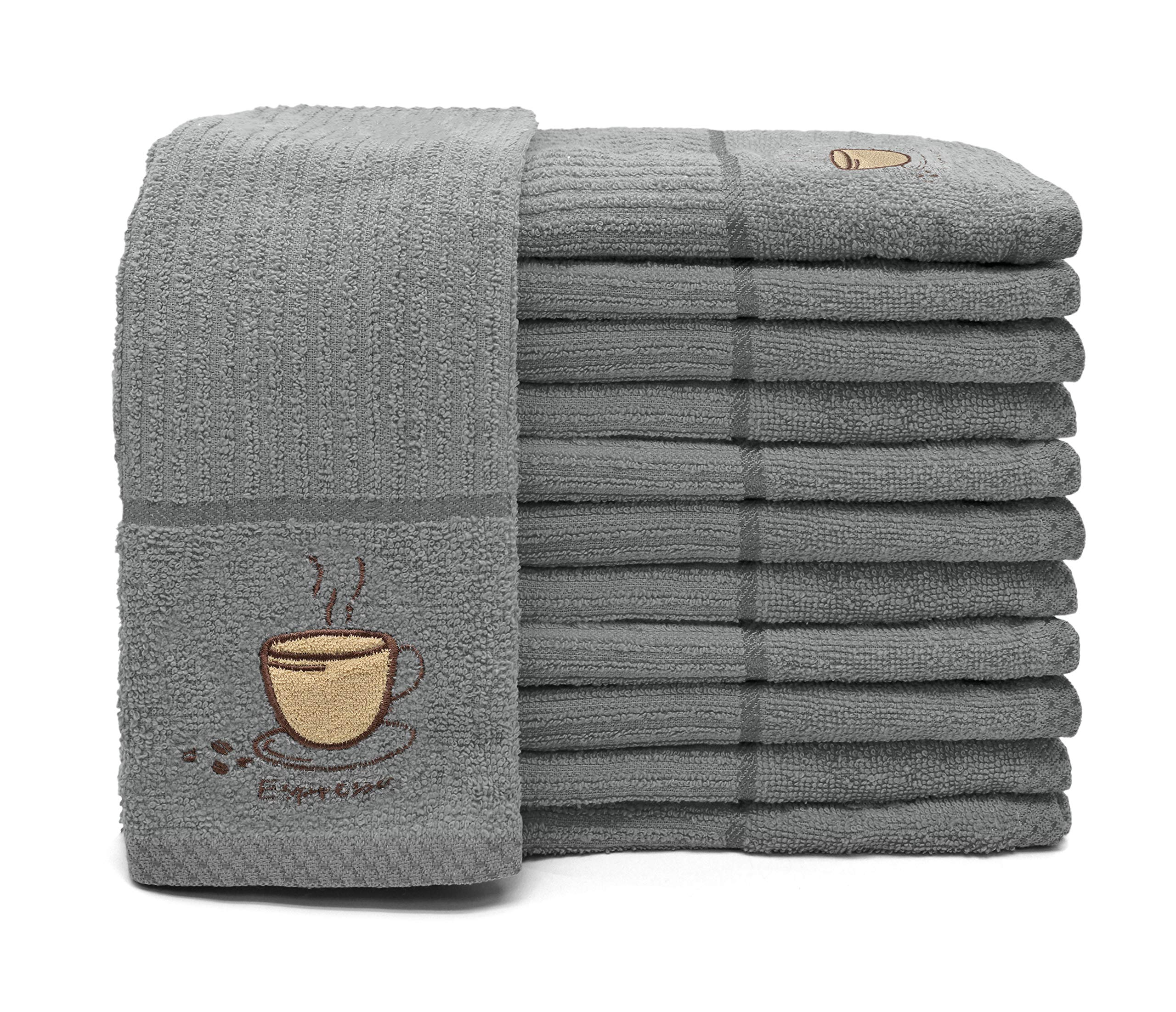 Ashley Mills Woven Embroidered Tea Towels Pack of 3 Large 40 x 70cms Super Absorbent Farm Animals 5 Styles 100% Cotton (12 Espresso, Grey)