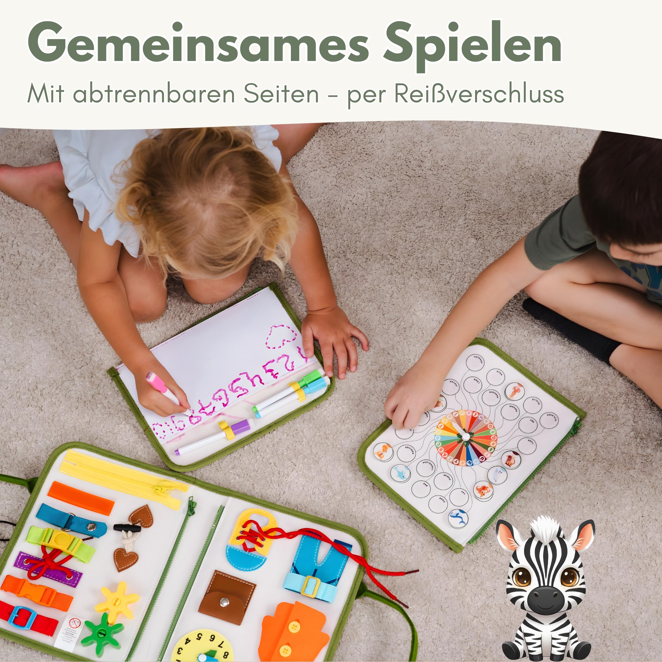 Lion's Collection Busy Board Alemán – Montessori Juguete a partir de 3 años para promover la motricidad y la creatividad – Busy Book & Quiet Book en 6 páginas