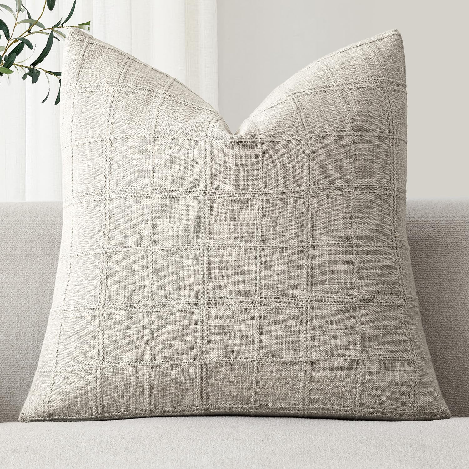 Foindtower Set of 1 Decorative Linen Check Throw Pillow Cover Neutral Farmhouse Vintage Cushion Cover Modern Boho Accent Home Decor for Sofa Chair Couch Bedroom Living Room,26×26 Inch,Light Grey