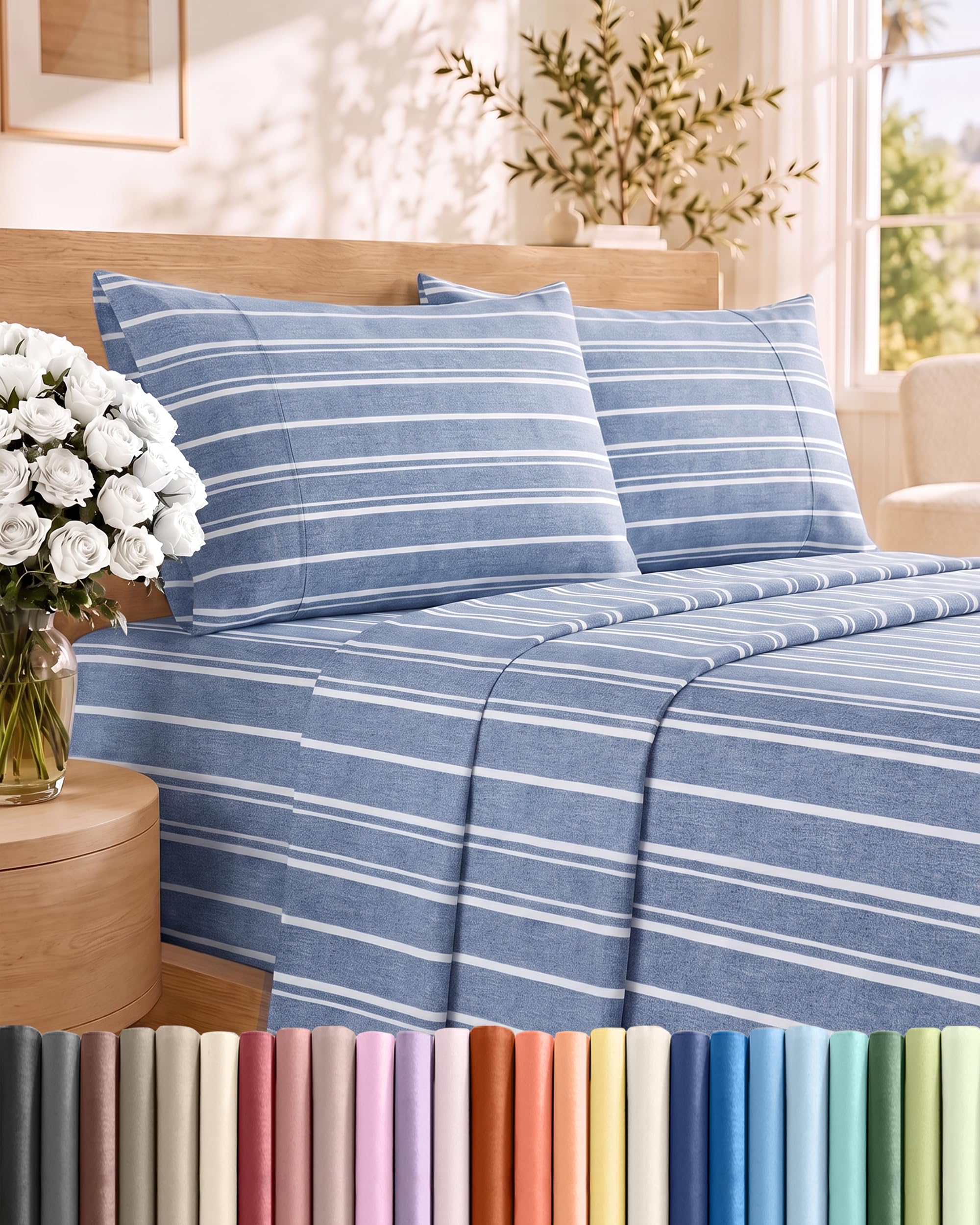 Cal King Size 4 Piece Sheet Set - Comfy Breathable &amp; Cooling - Blue Stripes