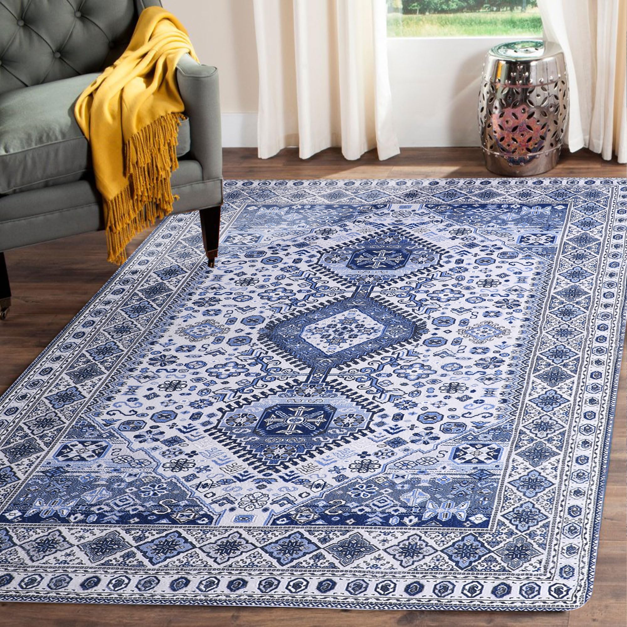 Alfombra persa antideslizante de 4 x 6 pies con estampado azul para interiores, lavable, de pelo bajo, plegable, alfombra de entrada interior, para dormitorio, sala de estar, comedor, sala de juegos