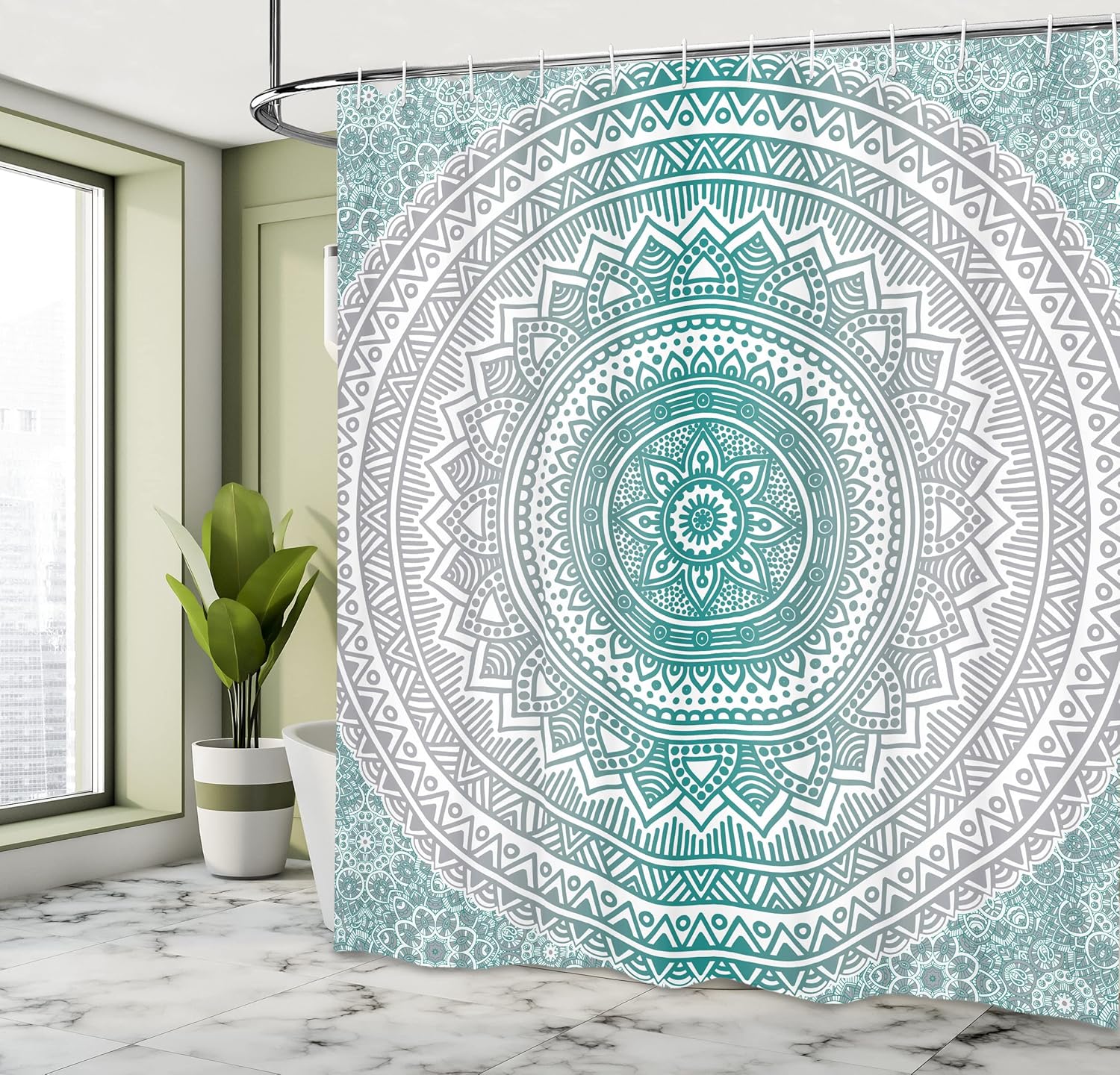 Ambesonne Grey and Teal Shower Curtain, Mandala Ombre Design Space Geometric Center Point Boho Art, Cloth Fabric Bathroom Decor Set with Hooks, 69" W x 75" L, Grey Teal