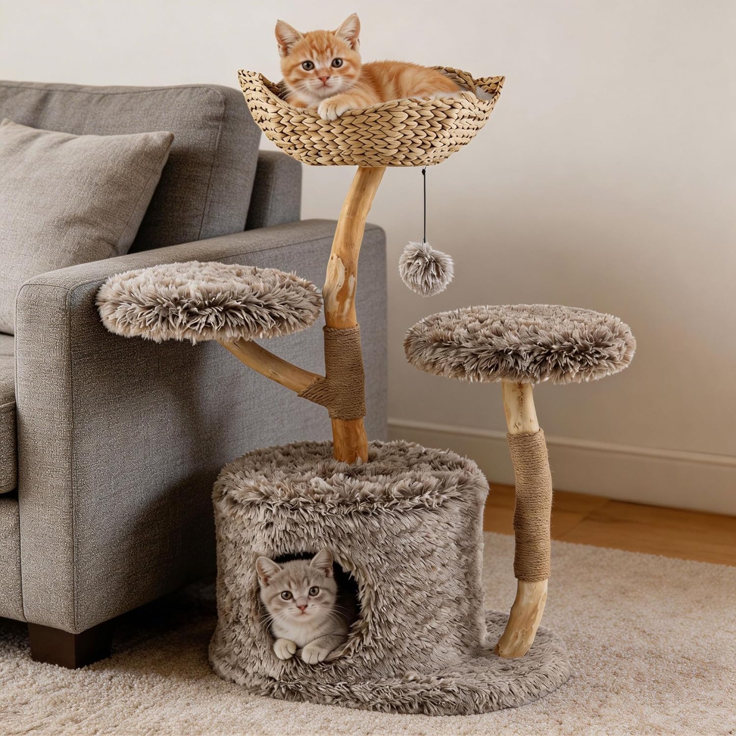 PETSITE 41.5 Inch Wood Cat Tree, Multi-Level Real Pear Wood Modern Cat Tower with Jute Scratching Posts, Dangling Ball, Cozy Top Cattail Perch, 2 Jumping Platforms, Cat Condo, Soft Long Plush Covered