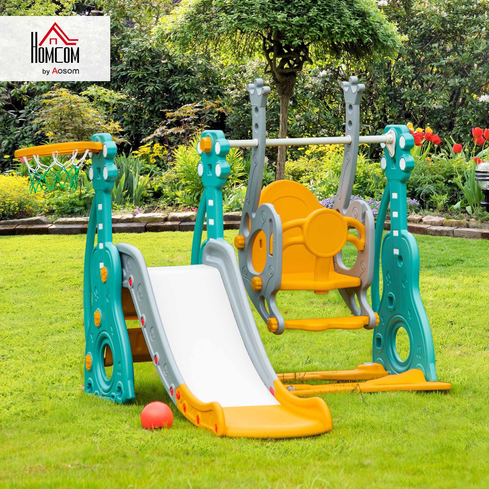 HOMCOM Tobogán Infantil con Columpio y Canasta de Baloncesto 3 en 1 para 18-36 Meses con Asiento Ajustable Parque Infantil para Interior y Exterior 152x149x107 cm Multicolor