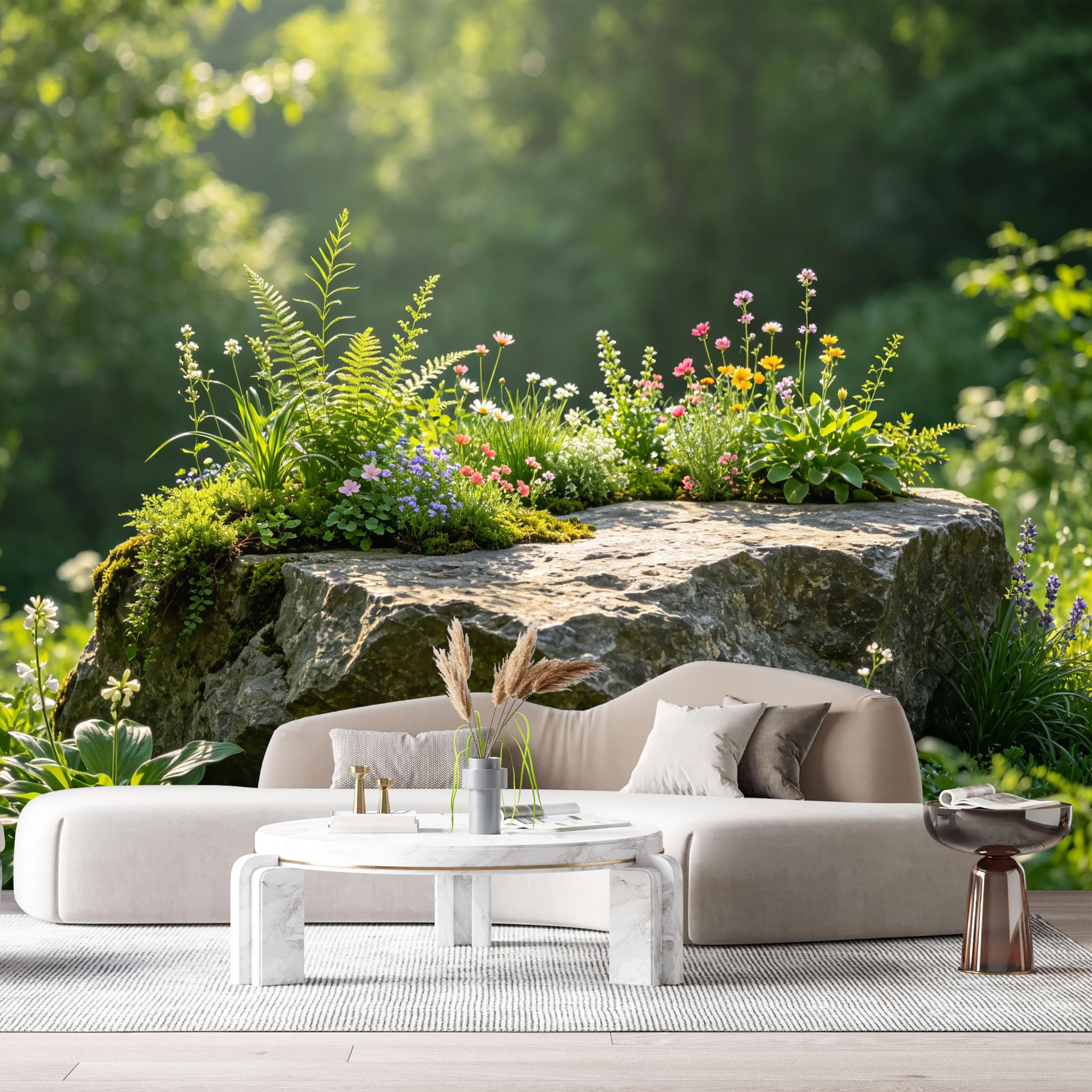 Custom Size Wall Murals Botanical Garden Landscape Wildflowers Ferns on Moss Rock SelfAdhesive Wall Fabric Removable Large Wallpaper for Photo Living Room