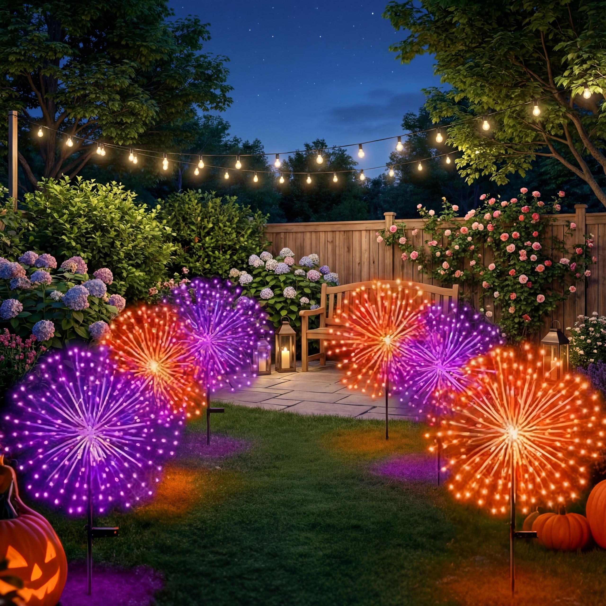 Tujoe Solar-Feuerwerk-Lichter, 180 LEDs, 8 Modi, wasserdicht, für den Außenbereich, Dekoration für Halloween, Weihnachten, Urlaub, Garten, Terrasse, Hof, Weg, Gehweg, Orange, Lila, 6 Stück