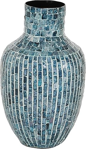 Miniatura 3 de Deco 79 Jarrón decorativo hecho a mano con concha de nácar para decoración del hogar, 9 x 9 x 16 pulgadas, azul