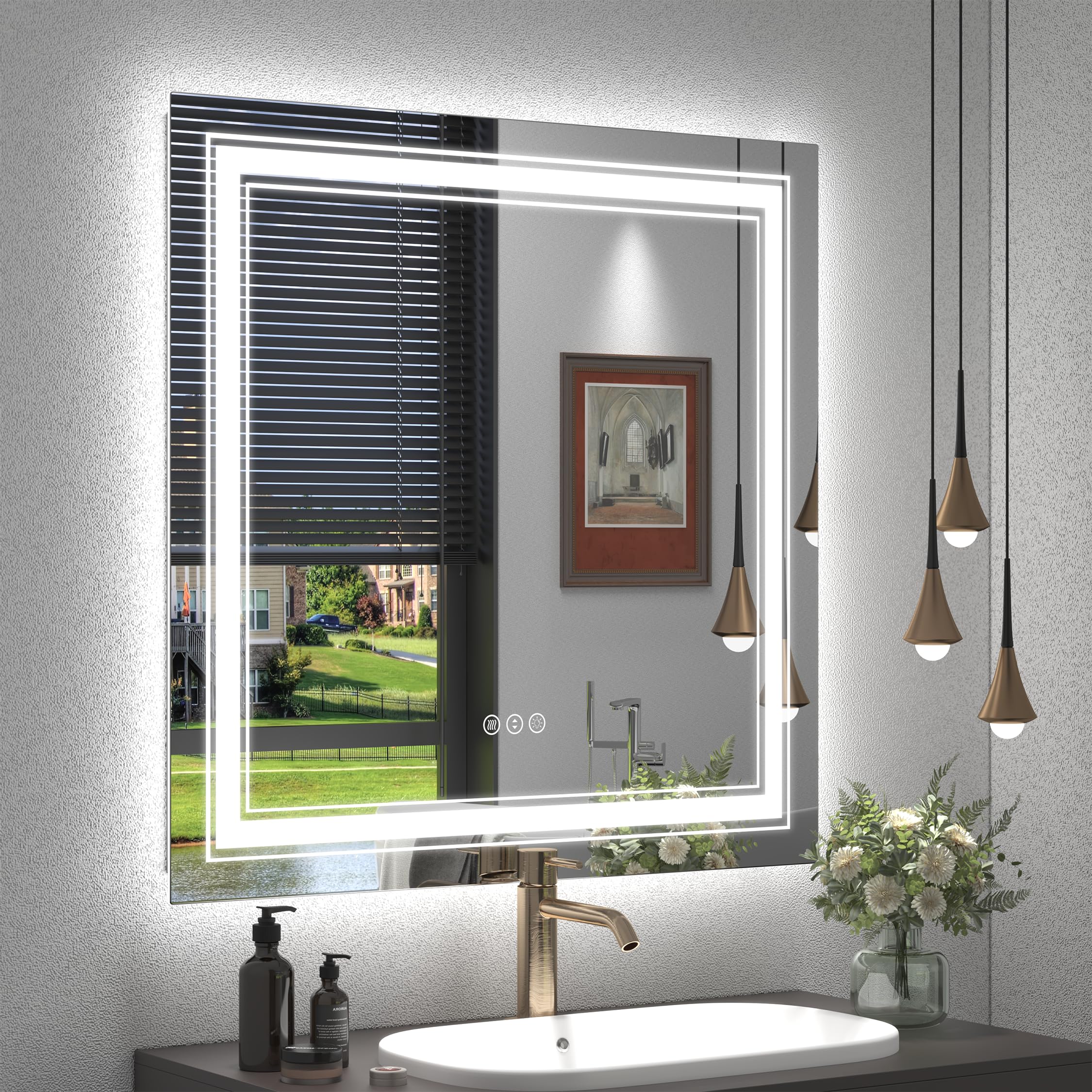 36x36 Square LED Mirror for Bathroom Dimmable Vanity Mirror with Lights Backlit and Front Lighted Mirror for Wall