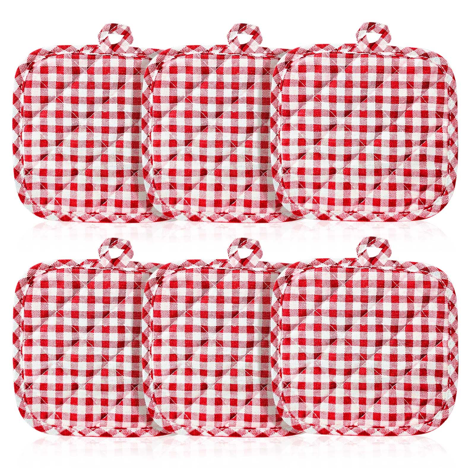 Set di 6 presine da cucina a scacchi, in cotone, resistenti al calore, guanti da forno e presine (rosso a scacchi)