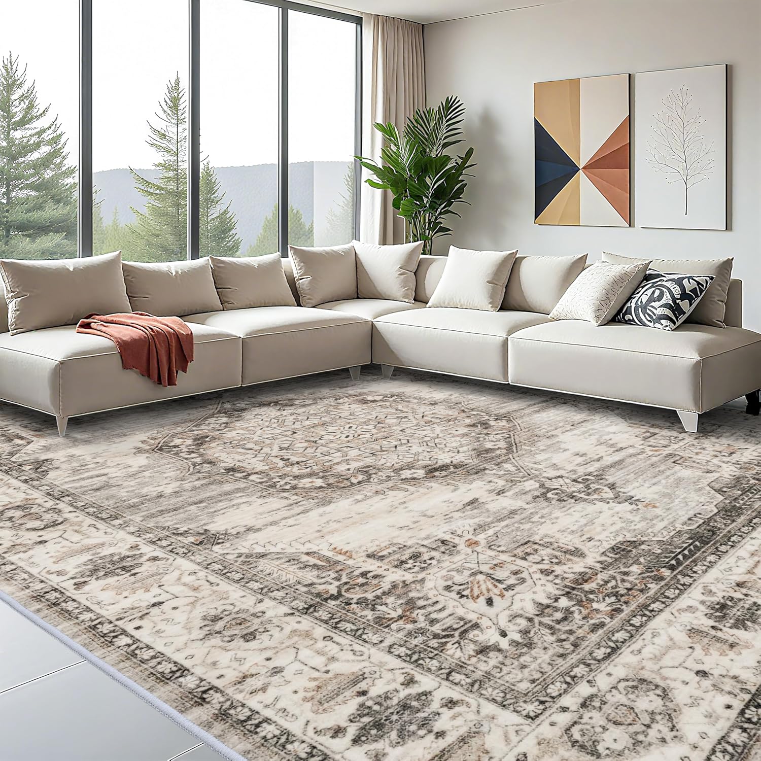 YOUFORTONG 12x15 Area Rug Washable?Large Living Room Area Rugs - Machine Washable Stain Resistant Rug - Soft Low Pile Carpet for Bedroom Dining Room 12'x15' Beige 12' x 15' (Rectangular) Beige