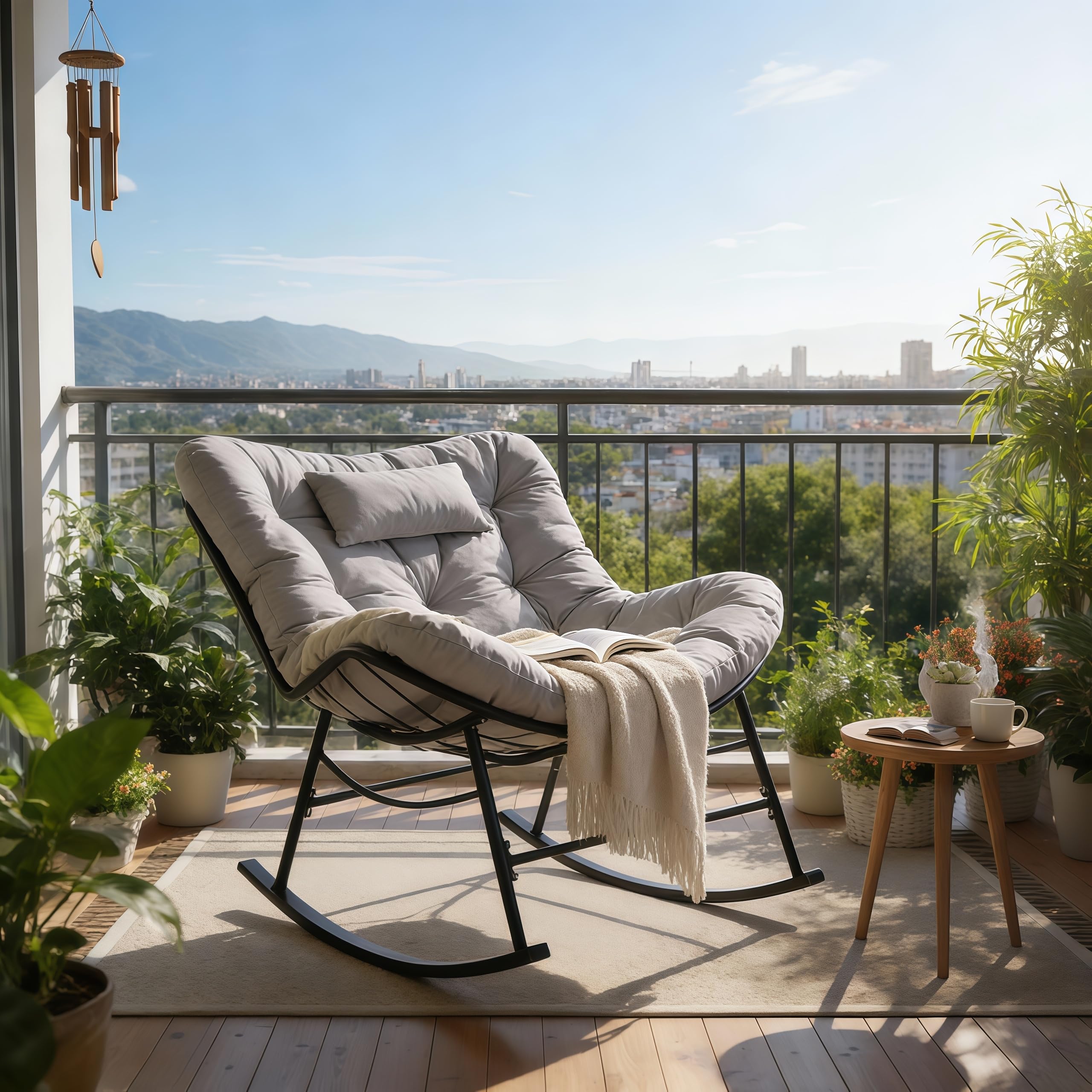 CCLIFE Schaukelstuhl Schaukelsessel Extra groß Wohnzimmer Relaxstuhl Kopfstütze Belastbarkeit Bis 150kg Grau