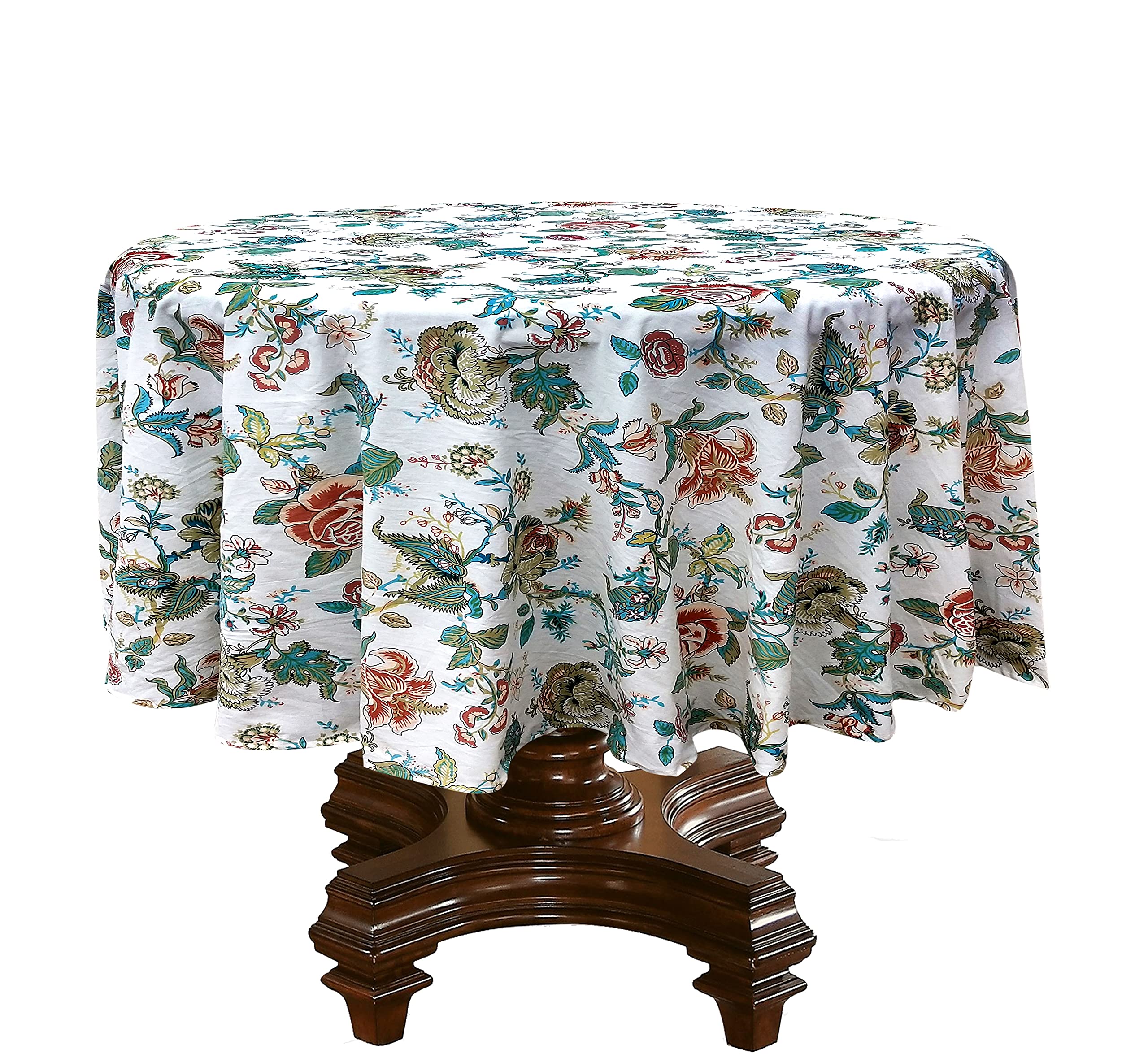 RHF 100% Cotton Floral Print Round Tablecloth | 90 Inch | Fits 6-8 Seater Round Dining Table | Multi-Color Green Red Table Cover for Kitchen, Dining Room, Party, Outdoor Use